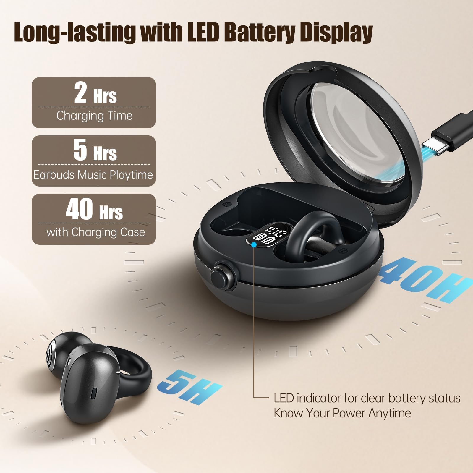 Cuffie aperte Bluetooth 5.4 con clip, auricolari stereo wireless 40 ore di riproduzione con display digitale LED, auricolari aperti leggeri ed eleganti per uso quotidiano, pendolarismo e viaggi relax