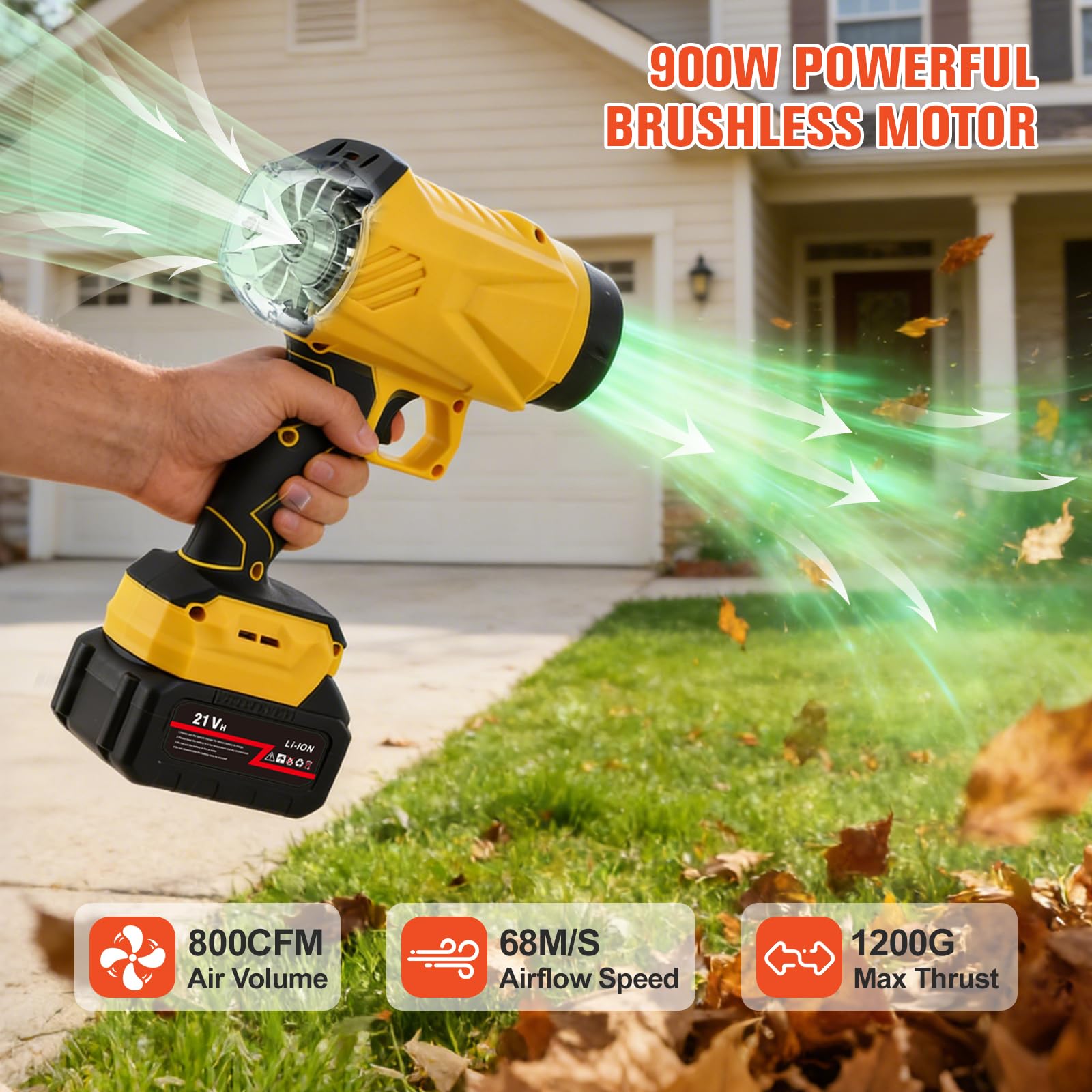 Soffiatore Foglie a Batteria, Motore Brushless con 2 Batterie da 4,0 Ah, Max 48000 giri/min, Flusso d'aria 800 m³/h, 3 Ugelli, Soffiatore Elettrico Compatto per Foglie, Polvere, Giardino