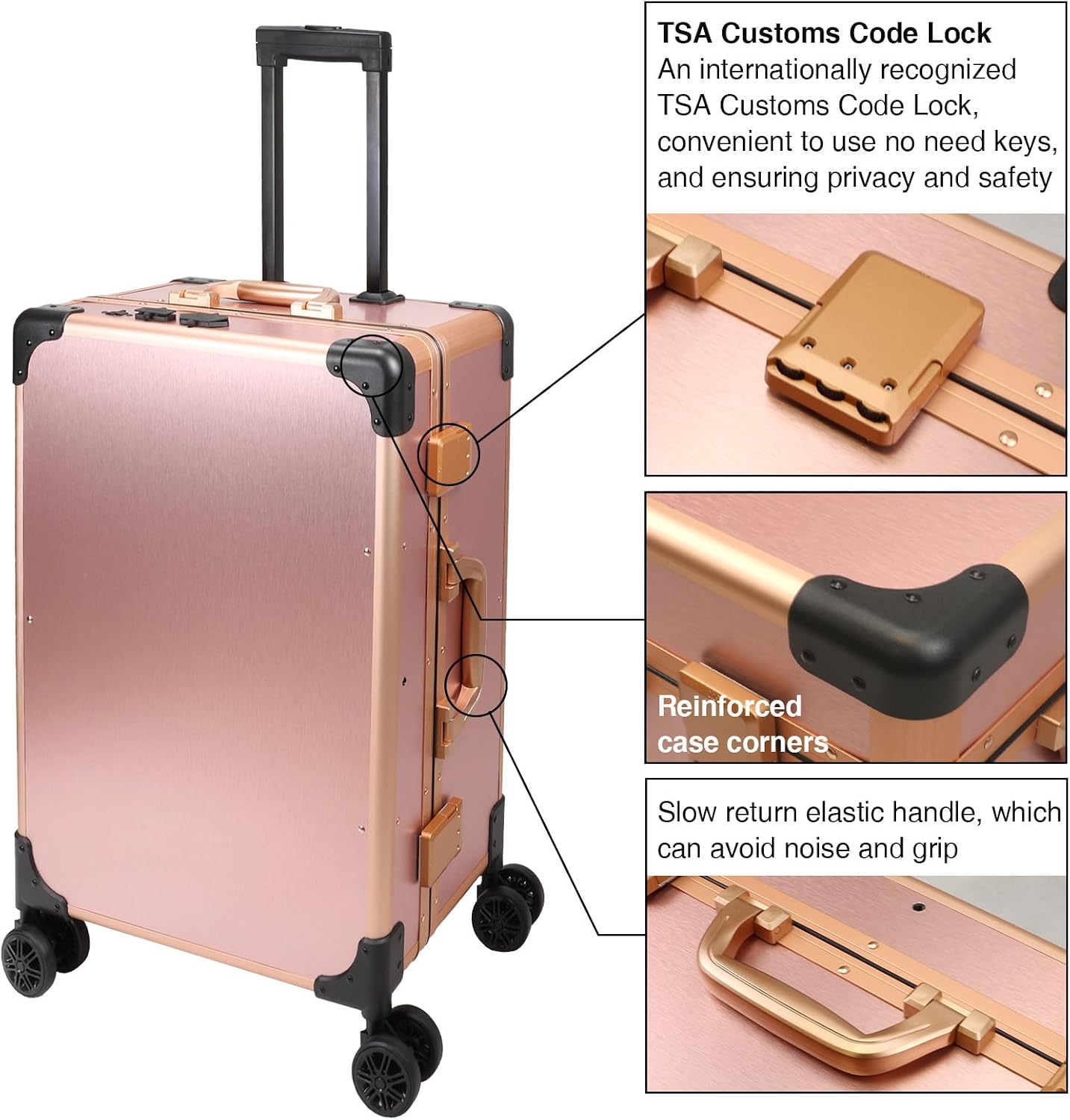 Rolling Makeup Train Case with Mirror and Lights Cosmetic Travel Box Mobile Barber Stations with Bluetooth, Speaker, Wheels, Stands Rose Gold 24-Inch