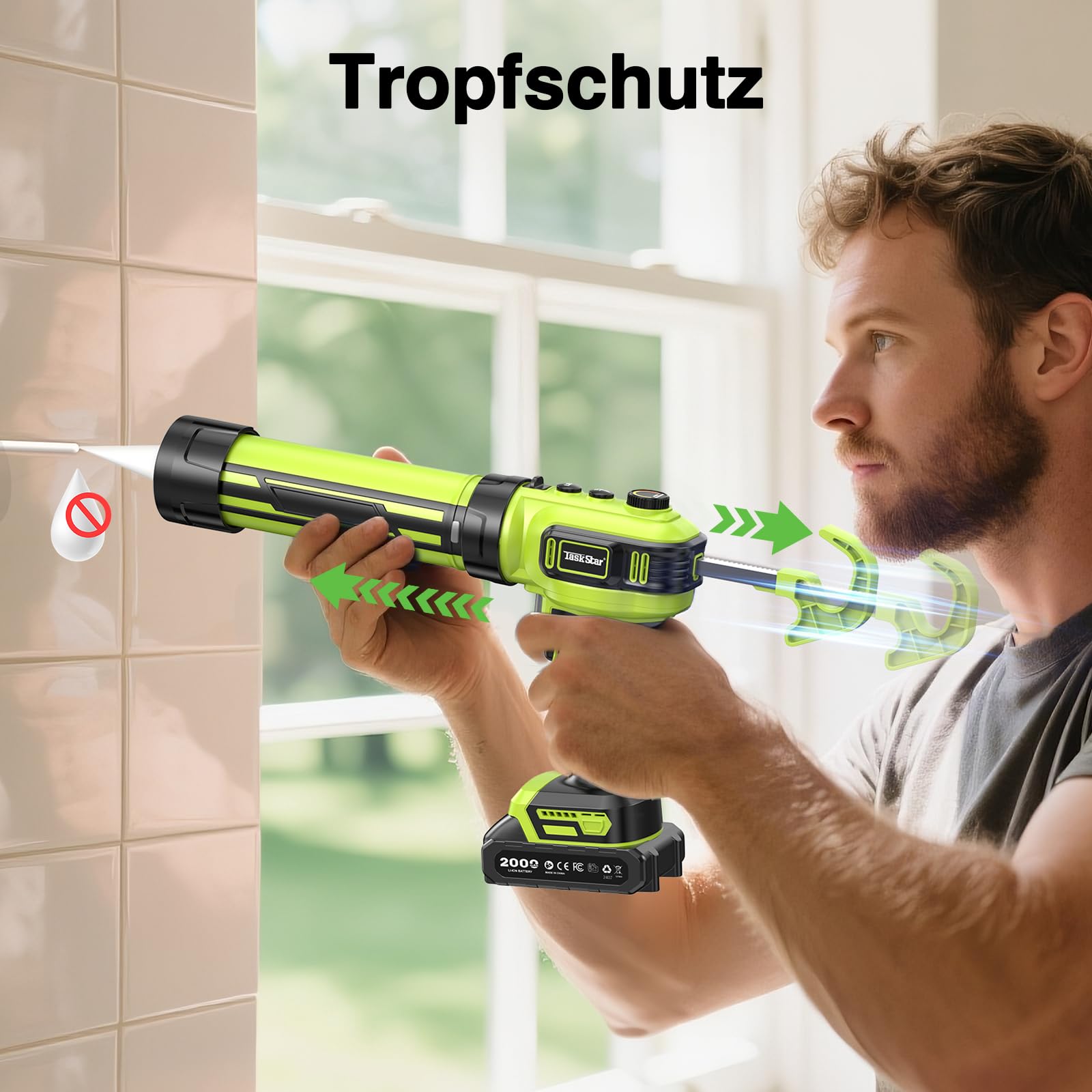 Taskstar Kartuschenpresse Akku mit 2 Akkus und LED-Licht, Akku Silikonpistole Kompatibel mit Makita 18V Akkus für 300ml-Kartuschen zum Verstemmen und Abdichten(Grün) | 2026 Kartuschenpresse Akku mit 2 Akkus und Bürstenloser Motor