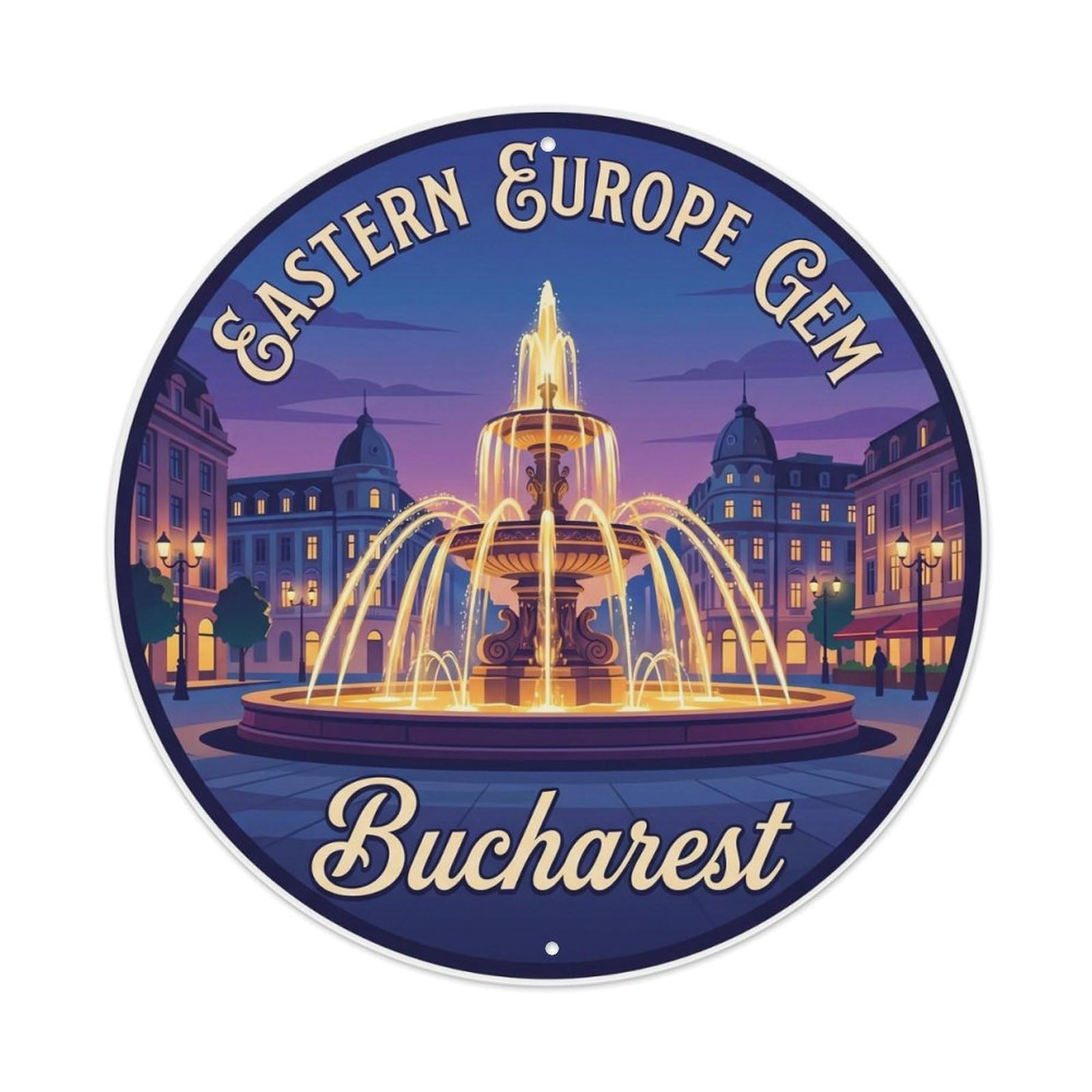 Vintage Travel Bucharest Fountain Eastern Metal Tin Sign