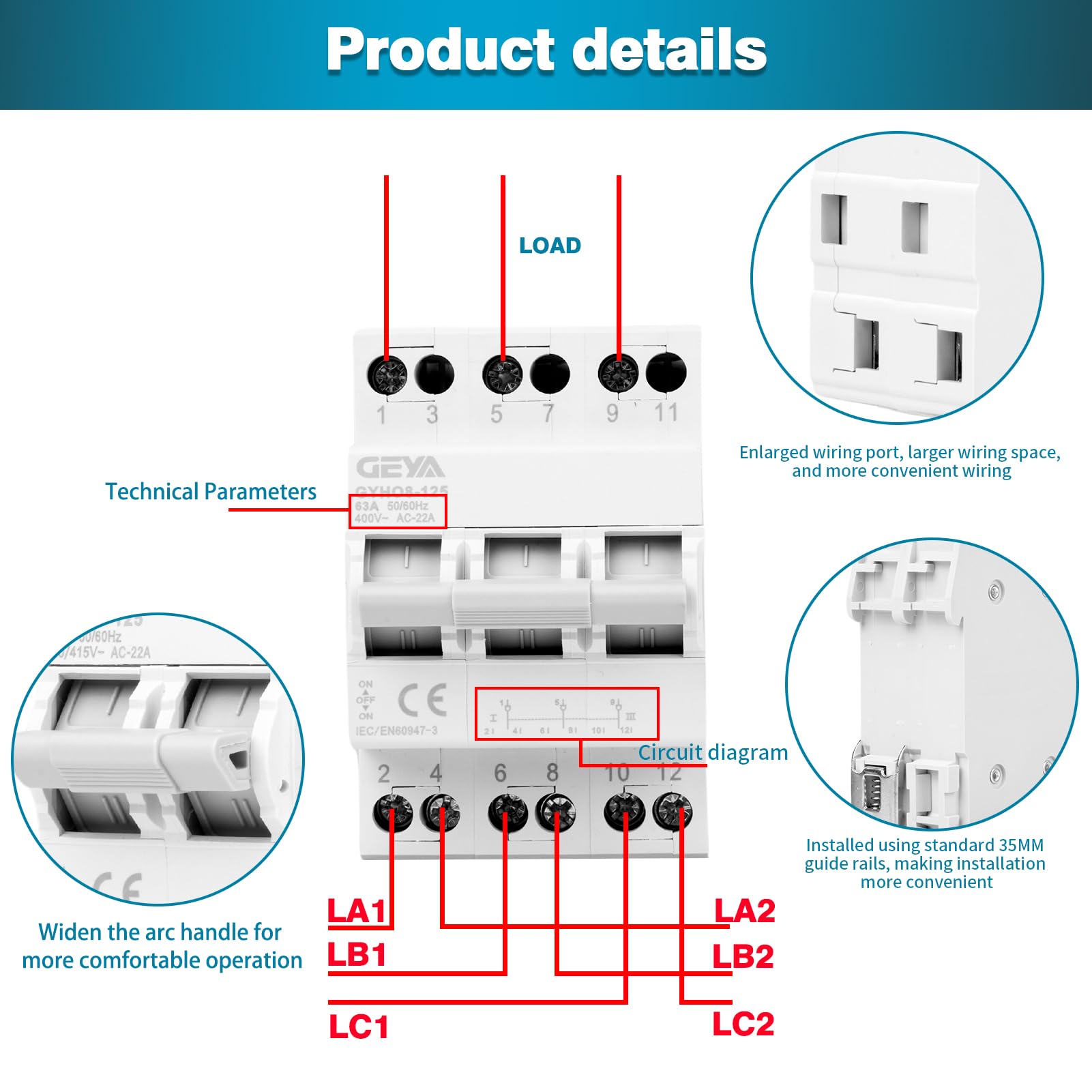 GEYA Schakelaar 4P 63A lastonderbreker Dual Power Handmatige Transfer Isolerende Schakelaar AC 400V Handmatige Overdracht Scheidingsschakelaar Handmatige Dubbele Vermogen Transfer Scheidingsschakelaar