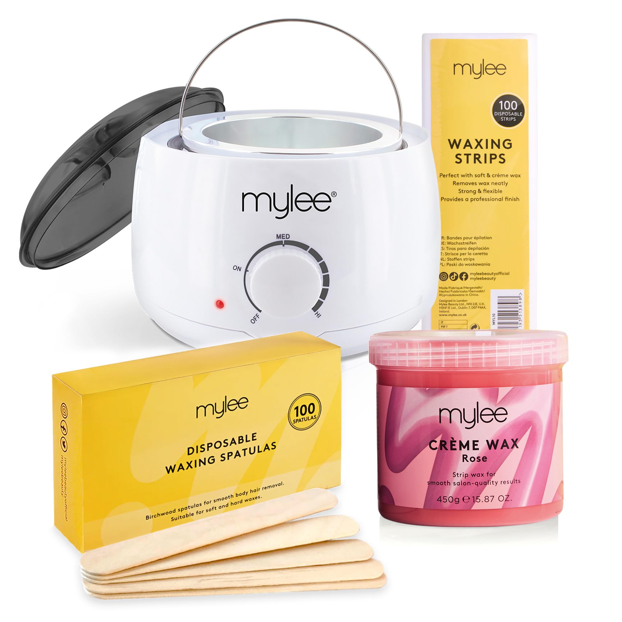 Waxing Kit, with White Thermostatic Control Wax Heater, Mylee 450g Rose Soft Wax, 100x Waxing Strips, 100x Disposable Wooden Waxing Spatulas