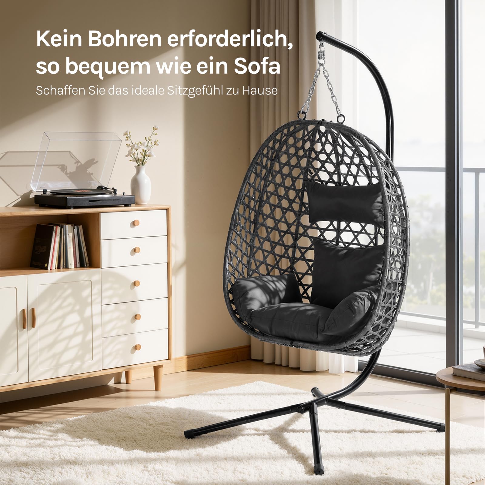 WOLTU Hängesessel mit Gestell, bis 150 kg belastbar, PE-Rattan Hängestuhl, mit Sitzkissen und Kopfstütze, für Indoor und Outdoor, Schwarz