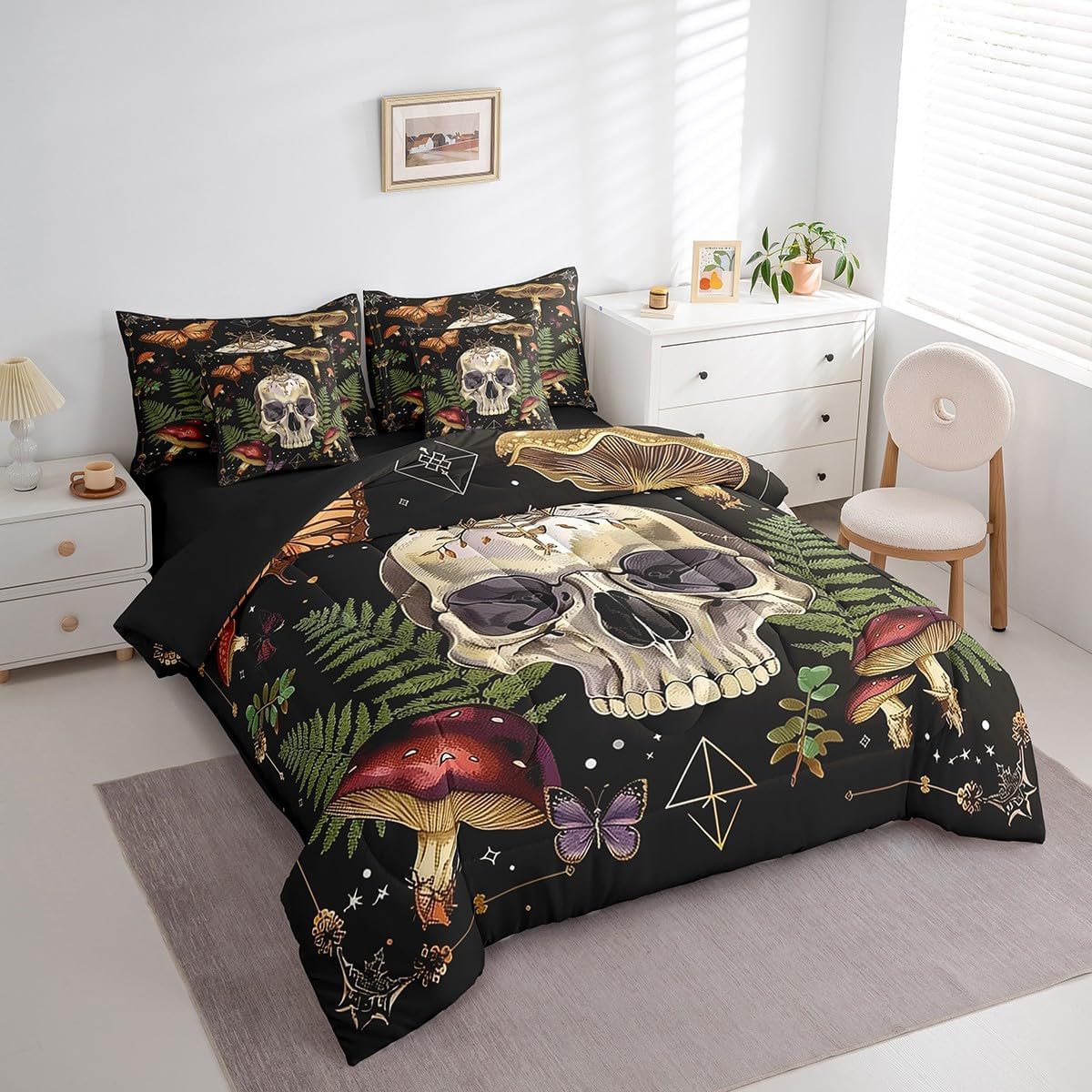 Feelyou Skull Comforter Set with Sheets Queen Size Butterfly Bed in a Bag for Boys Girls Teens Boho 7 Pieces Bedding Set Mushroom Bed Set Room Decor Earth Black