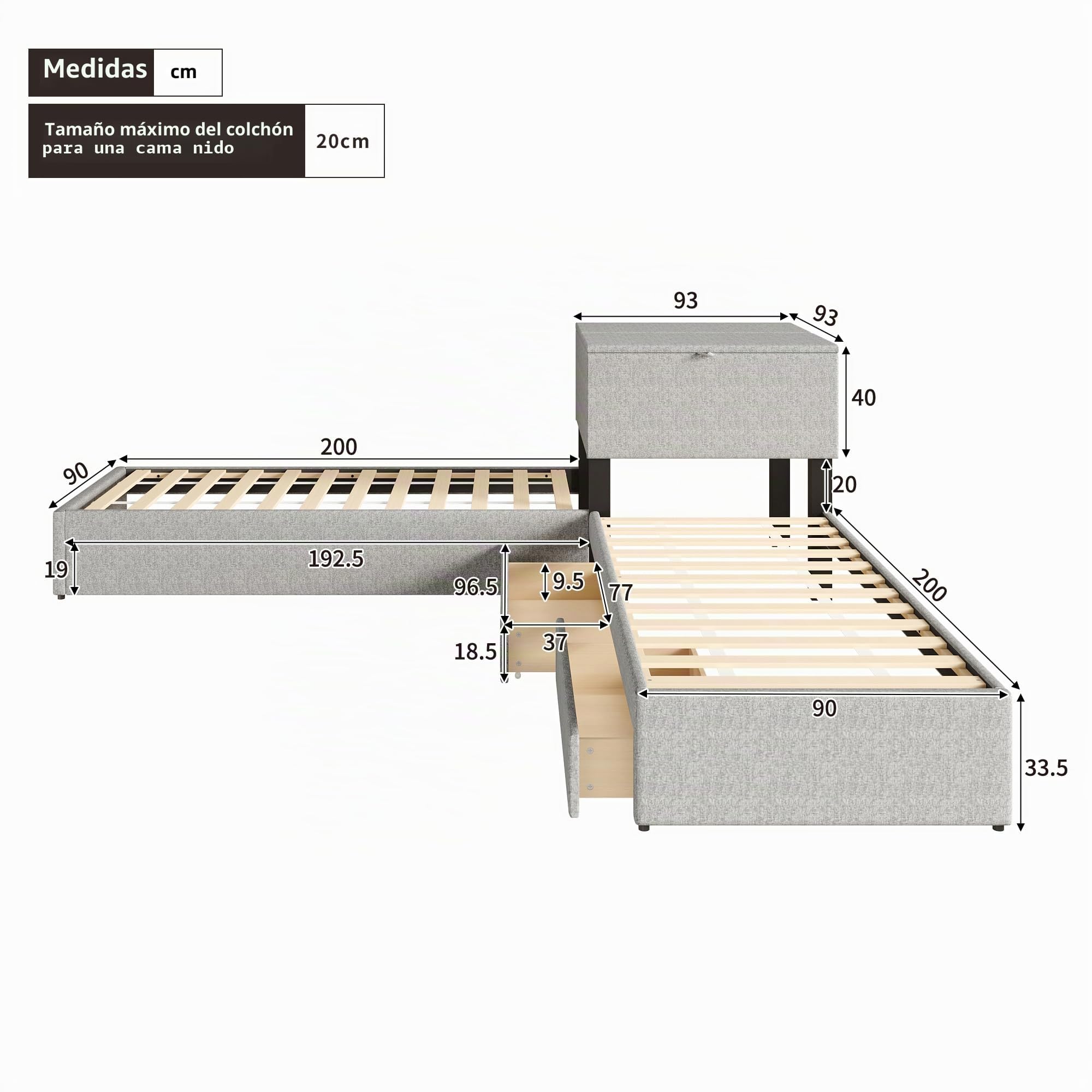 Cama esquinera, dos camas individuales con cama nido, cama tapizada, cama funcional con espacio de almacenamiento, con armario de almacenamiento, con cajón de almacenamiento, con cama nido (90 x 200
