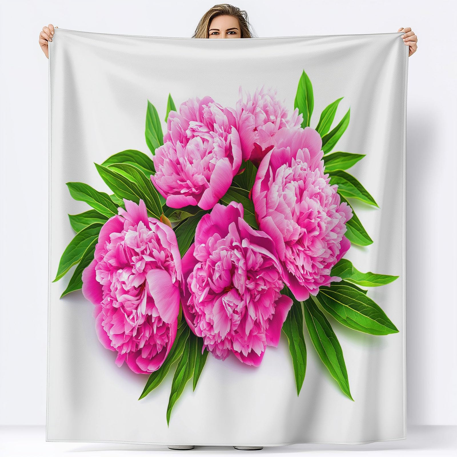 Miękki biały koc sherpa 220 x 240 cm, dla dzieci i dorosłych, akwarela, piwonia, kwiaty, liście, flanelowa pościel, hipoalergiczny, ciepły, nadaje się do prania, na sofę, krzesło, do salonu, 220 x 240