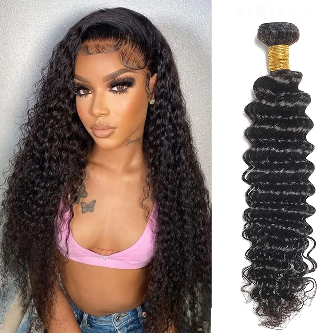 LANQI Hair Deep Wave Human Hair 1 Bundle 20INCH Brazilian Deep Curly Weave Hair Bundles Unprocessed Virgin Deep Water Wave Human Hair Bundles Natural Color (20INCH)