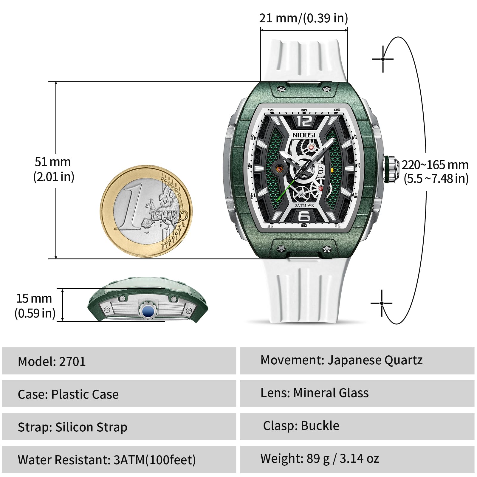 NIBOSI Montre-Bracelet carrée pour Homme étanche Lumineuse à Quartz analogique Bracelet en Silicone