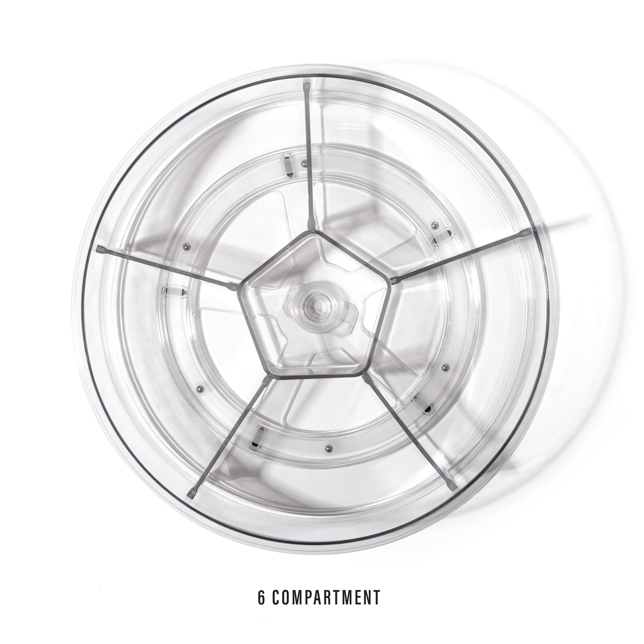 BINO Organizador redondo de plástico con 6 compartimentos, transparente, contenedor giratorio dividido para tocadiscos, almacenamiento giratorio para botellas, condimentos, nevera, cocina, despensa,