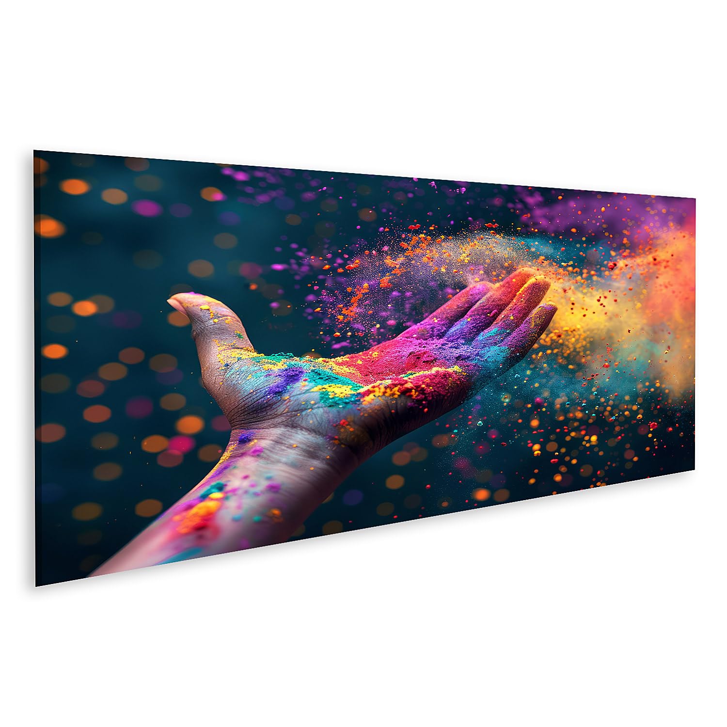 islandburner Prime Quadro su tela Concetto Holi Festival: mano tiene vivace polvere colorata Holi temi festa sala eventi agenzia immagini murali poster