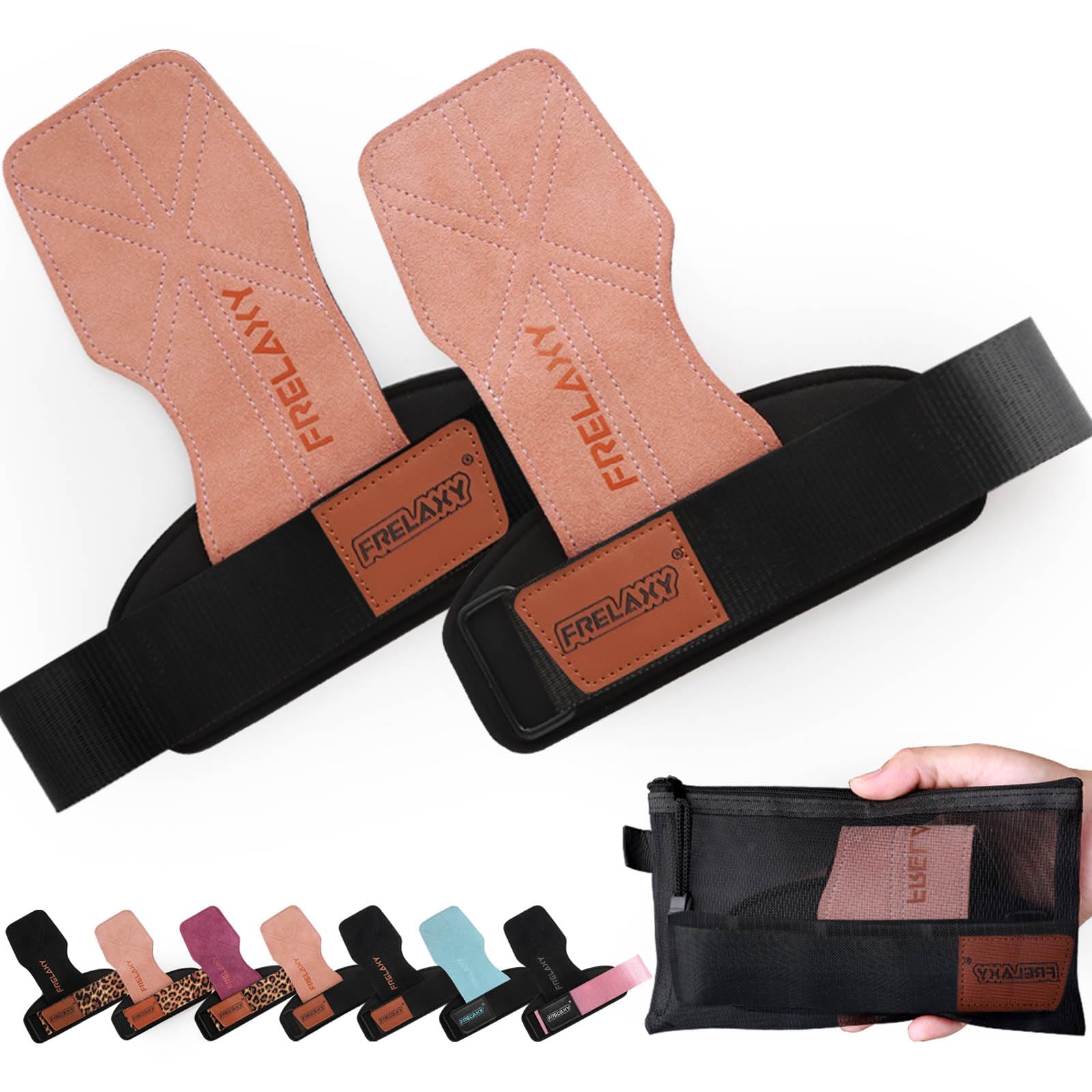 Frelaxy Lifting Wrist Straps Women and Men, Weight Lifting Grips with Cushion Wrist Loop, Double Layer Leather and Storage Pouch, Gym Workout Straps