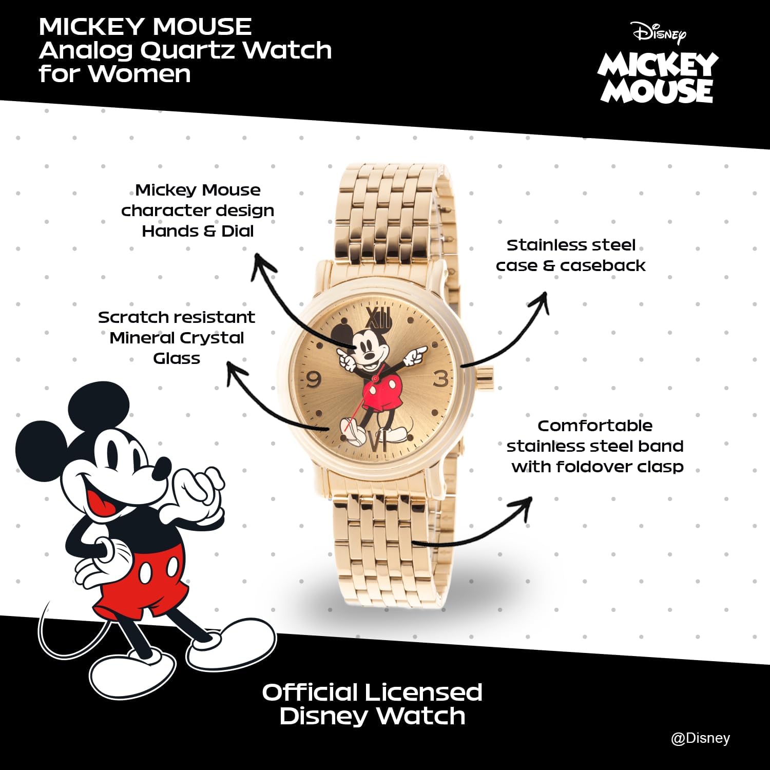 Disney Classic Mickey Mouse Moving Hands Watch, Iconic Design, Fun Animation – Stylish Mickey Mouse Watch for Women, Fans – Women's Watches with Black Leather Strap