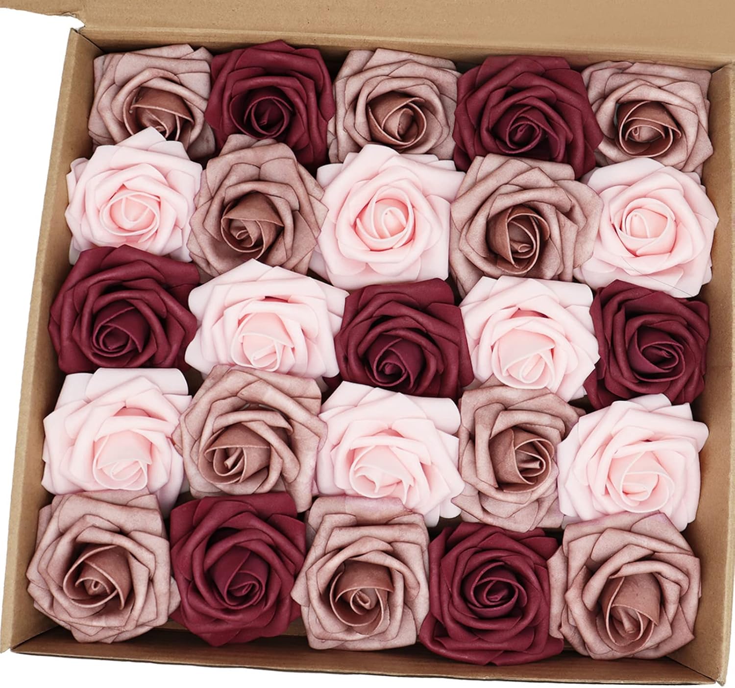 Artificial Flowers 50PCS Real Looking Blush & Dusty Rose & Burgundy Fake Roses with Stem for DIY Wedding Bouquets Centerpieces Baby Shower Party Home Decorations