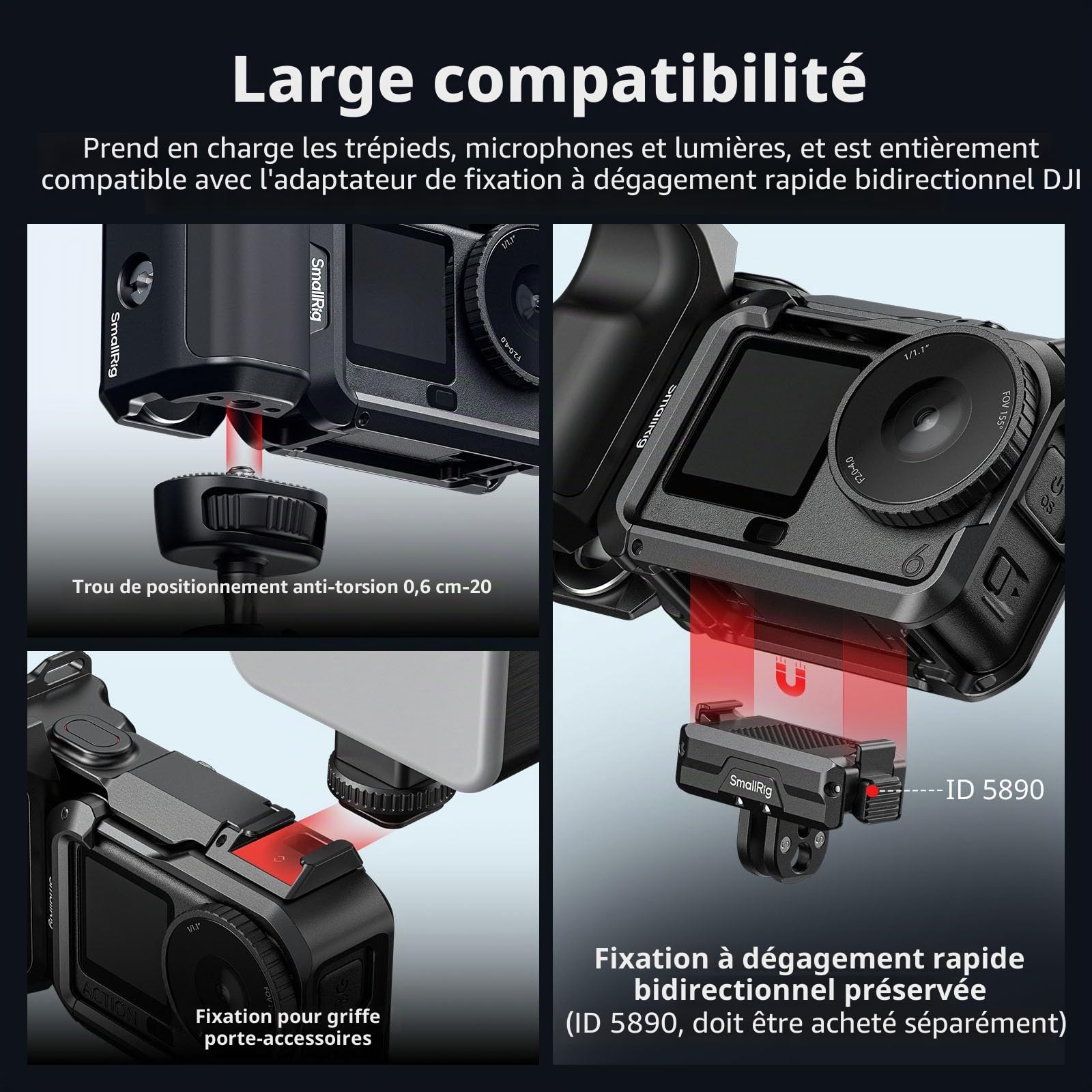 SMALLRIG Kit de poignée pour DJI Osmo Action 6 avec Cage en métal, poignée pour Photographie de Rue pour DJI, Action 6 avec Bouton d'obturation, Patte de Fixation, Sangle de Poignet, Protection - 6037