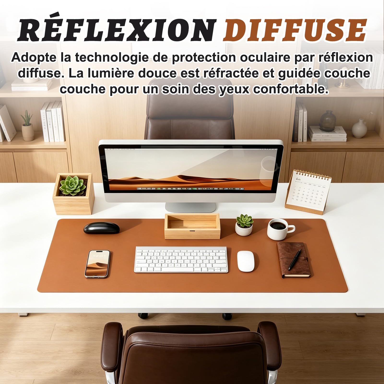 Tapis de Bureau Cuir PU Marron 90x40cm XXL – Sous-Main Antidérapant Imperméable, Protection Bureau