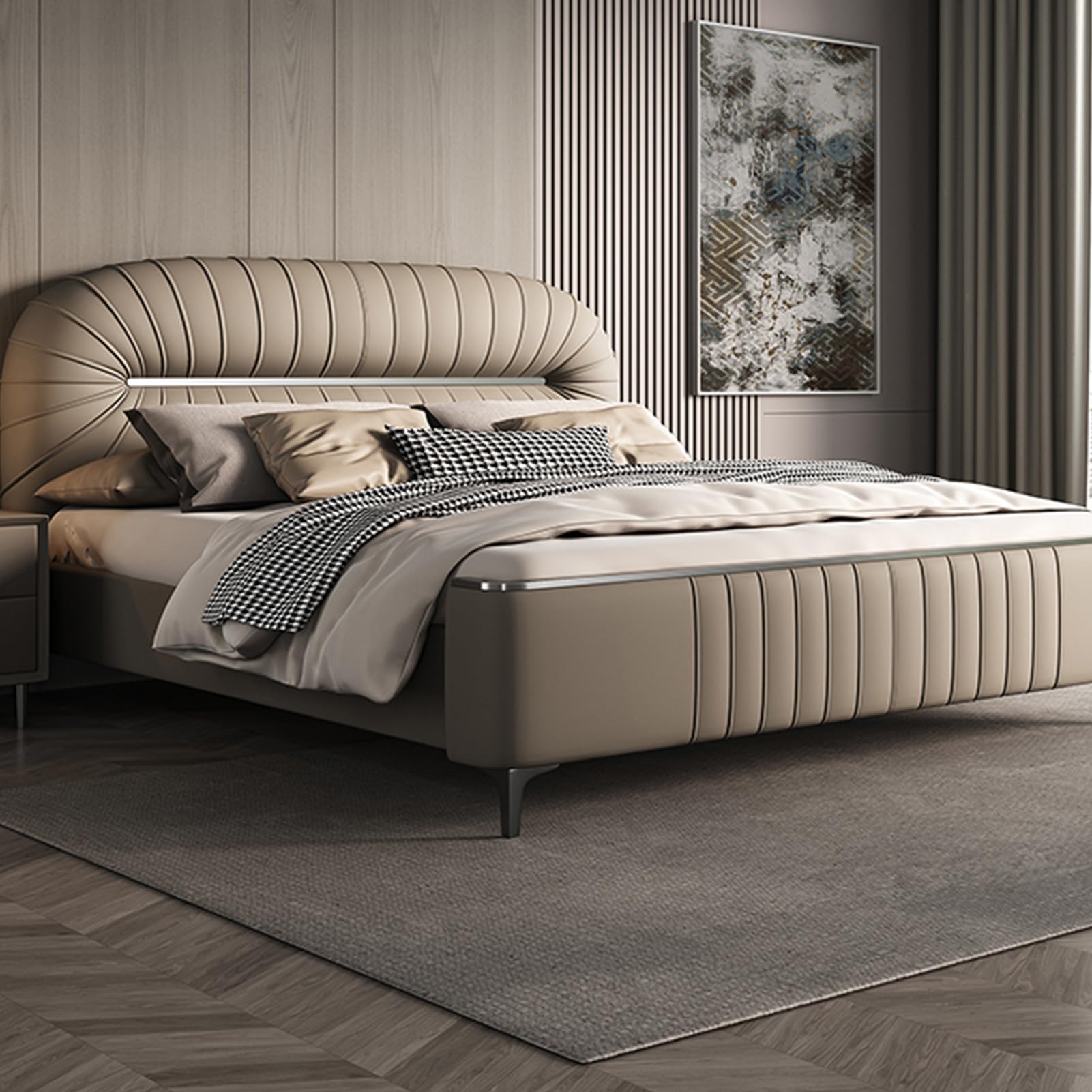 Mid-Century King Size Genuine Leather Wood Bed Upholstered Platform Bed Frame with Headboard and Lift Up Storage Wooden