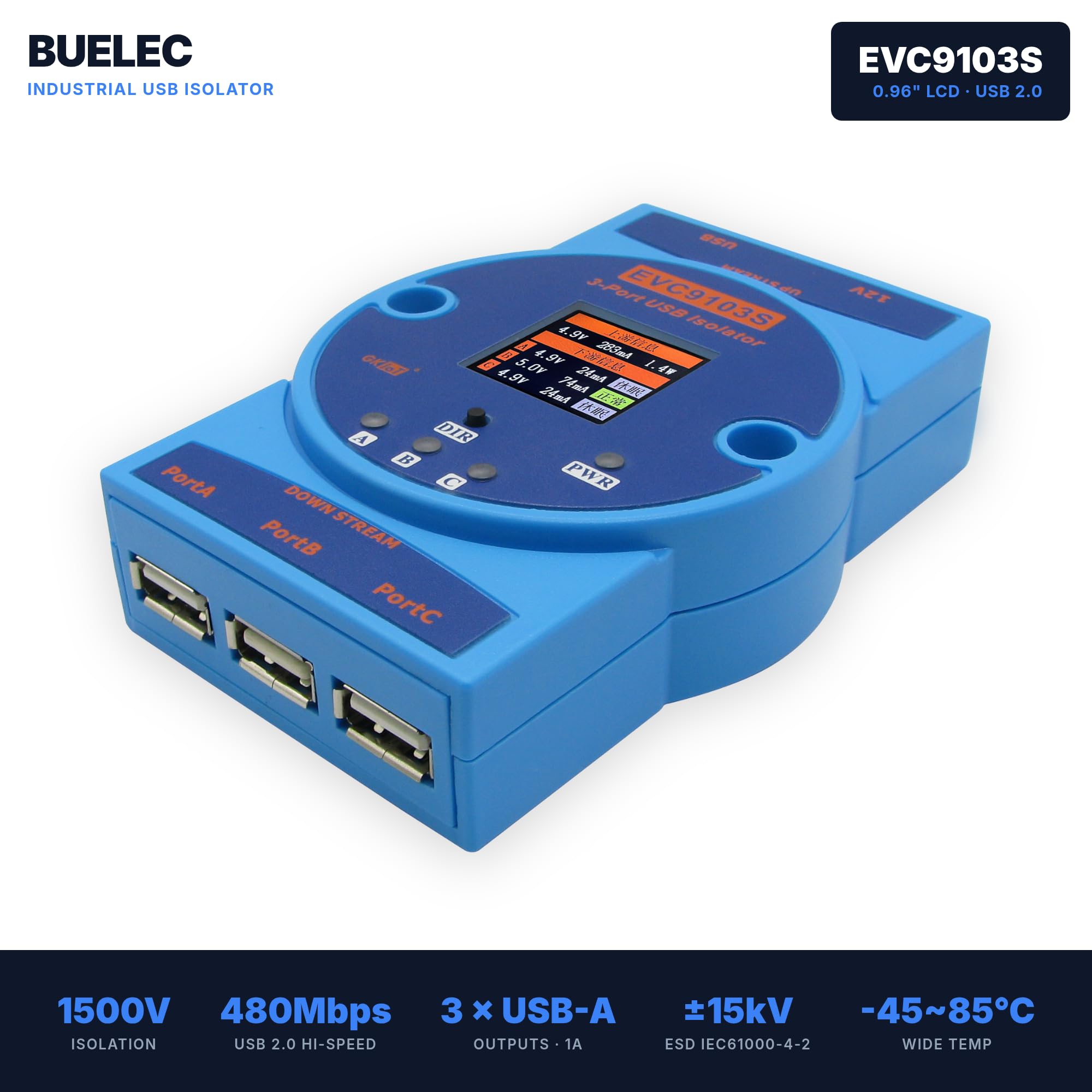 Isolatore USB 2.0 ad alta velocità di grado industriale 1 a 3 porte USB Hub isolato Velocità massima fino a 480Mbps (EVC9103S)