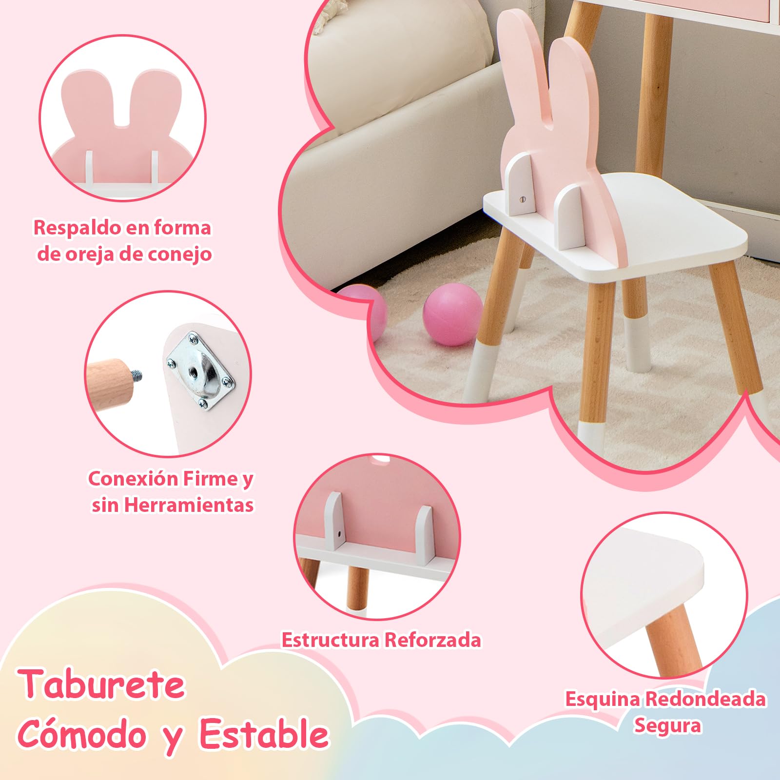 RELAX4LIFE 2 en 1 Tocador de Maquillaje para Niña con Espejo Extraíble y Taburete, Tocador Niña con 2 Cajones y 3 Accesorios, Maquillaje Niñas, Tocador Infantil de Madera para Niños 3-7 Años (Rosa)