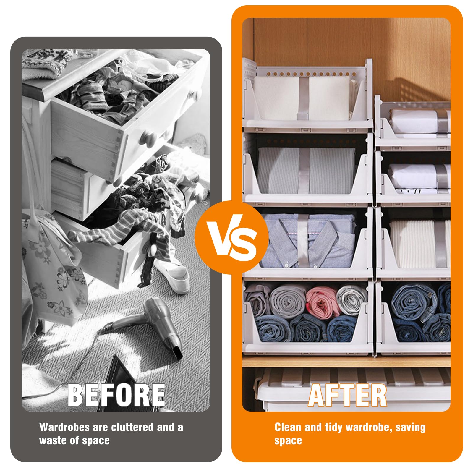 4 Piezas Organizador Armario Apilable, Cajas Almacenamiento Plastico Plegable, Cesta Cajoneras Almacenaje Interior, Organizadores Cajones Ahorra Espacio para Ropa, Cocina, Dormitorio, Baño (Blanco)