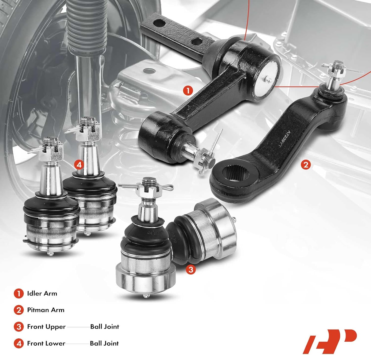 A-Premium Set of 6, Front Upper Lower Ball Joint, Idler Arm, Pitman Arm, Compatible with Dodge Ram 1500 1994 1995 1996 1997 1998 1999, RWD Only