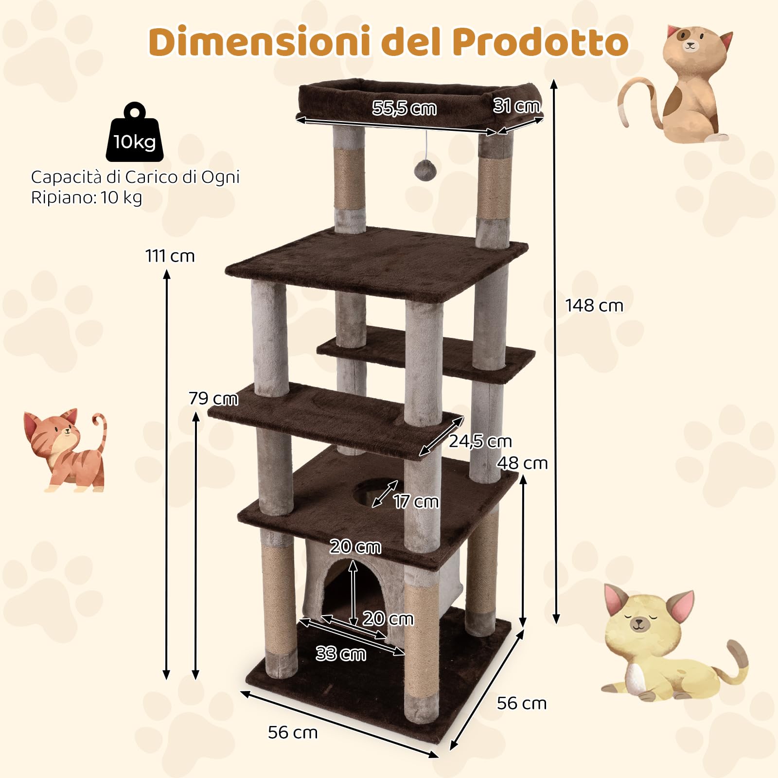 COSTWAY Albero per Gatti Alto 148 cm con Condo Aereo Oscillante