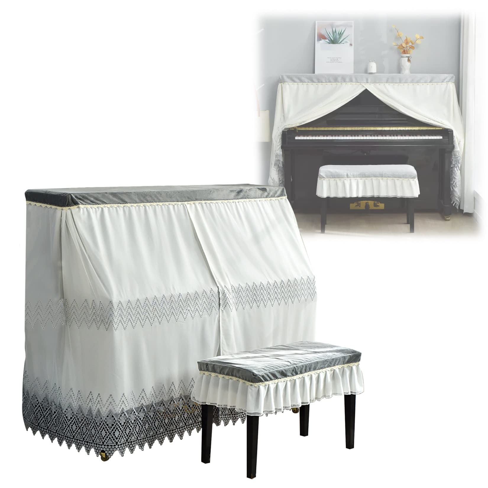Copertura Per Pianoforte Verticale In Tessuto Felpato - Set Con Coprisedia, Decorazione Plissettata