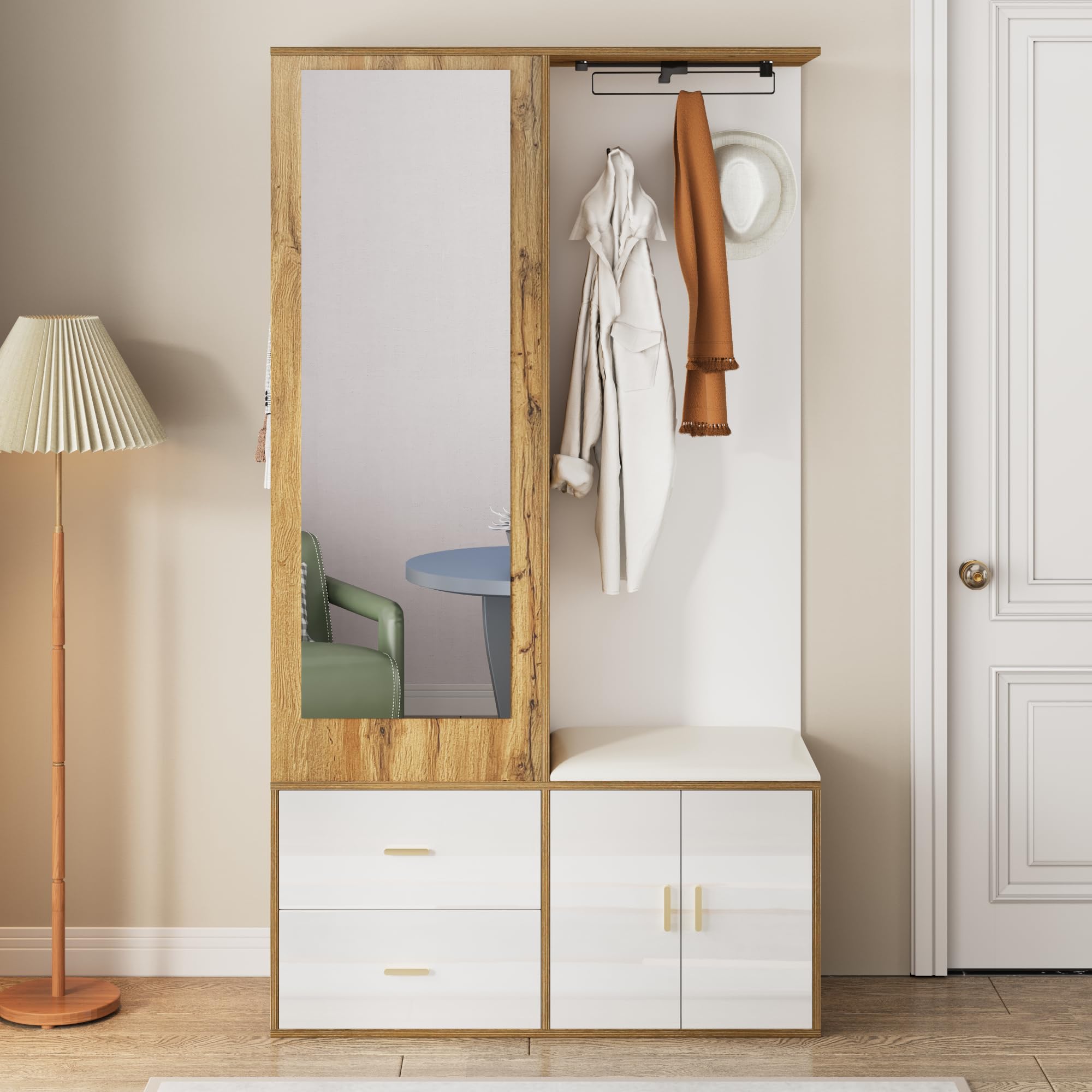 Moderno armario de entrada, juego de perchero con espejo, zapatero, zapatero con gancho y barra extensible, 100 x 38 x 180 cm (color blanco y madera)