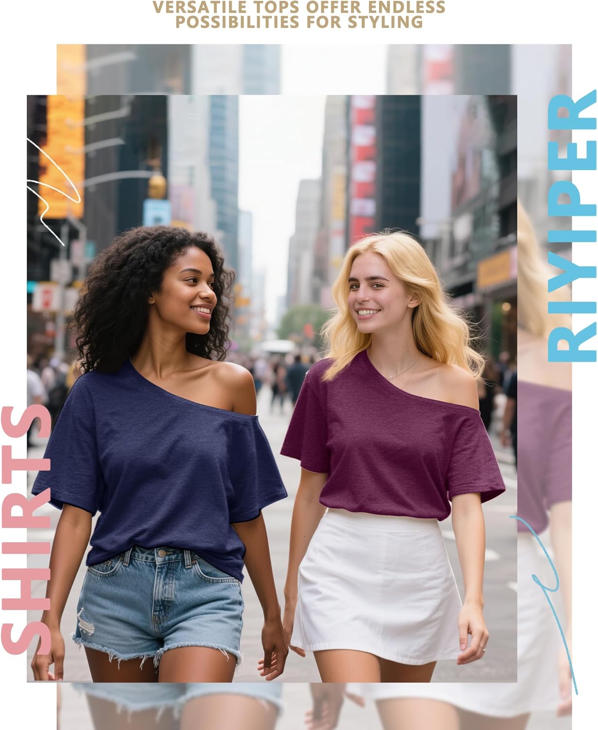 Riyiper 2 Pack Women's Off The Shoulder Tops, Short Bat Wing Sleeve Off Shoulder Shirts Casual Summer Loose Tunics Tee Blouse - Image 6