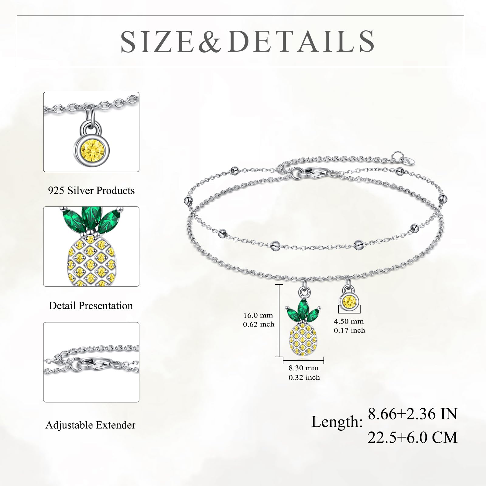 VONALA Cavigliera a forma di ananas da donna, in argento Sterling, con zirconi e ananas, ideale come regalo per donne e ragazze