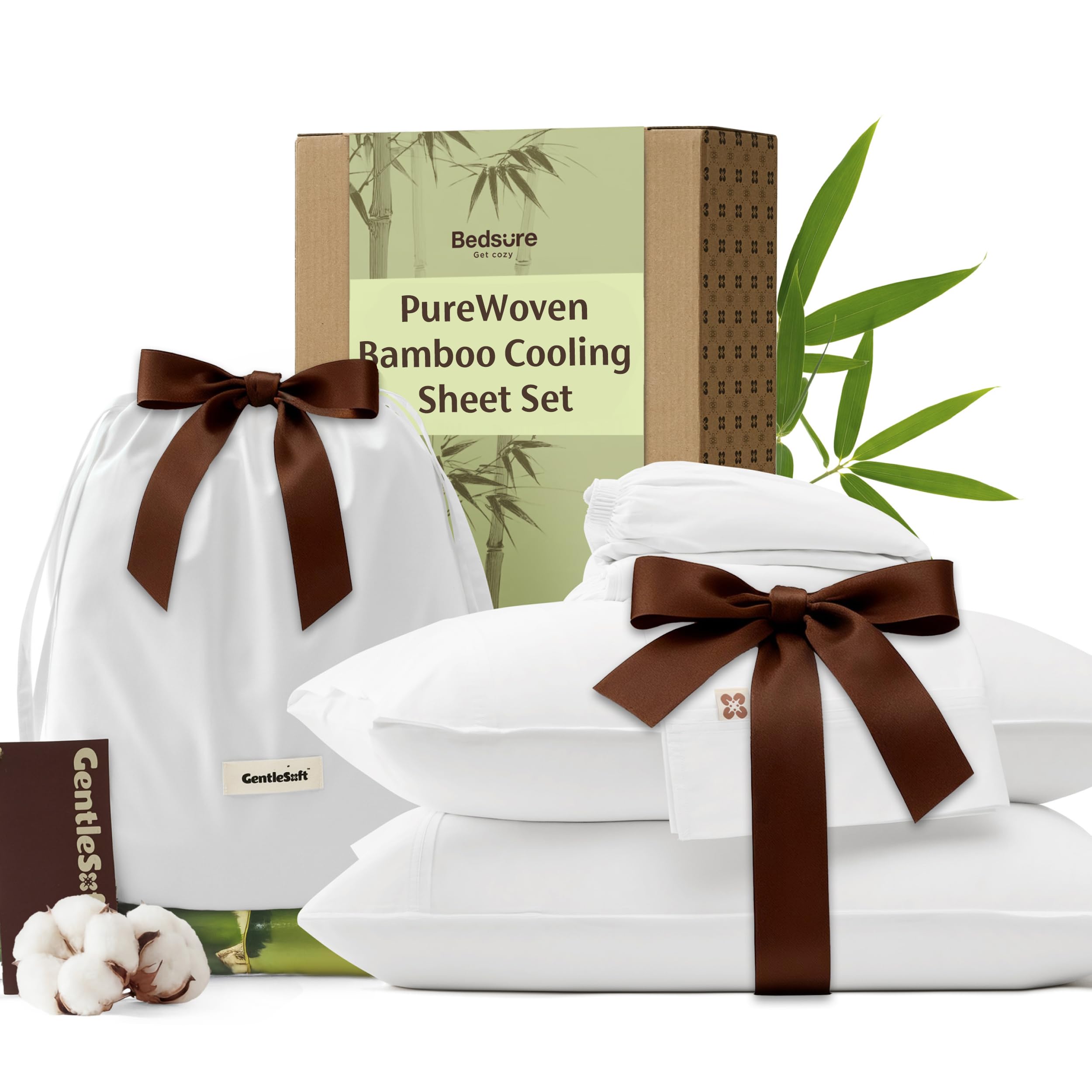Photo 1 of Bedsure Bamboo Viscose Cooling Sheets, Rayon Cotton Serene Blend, PureWoven, Breathable & Buttery Soft King Size Sheets Set, Deep Pocket Up to 18", Hotel Luxury Bedding for Hot Sleepers, White