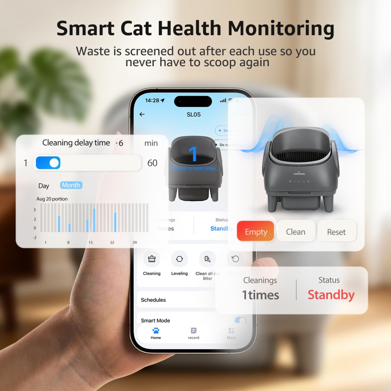 Nobleza Arenero Gatos Autolimpiable Abierto - Arenero Automático Inteligente con Control por App, Multi-Sensores de Seguridad, para Gatos 1-15kg, Incluye Bolsas y Desodorantes, Gris