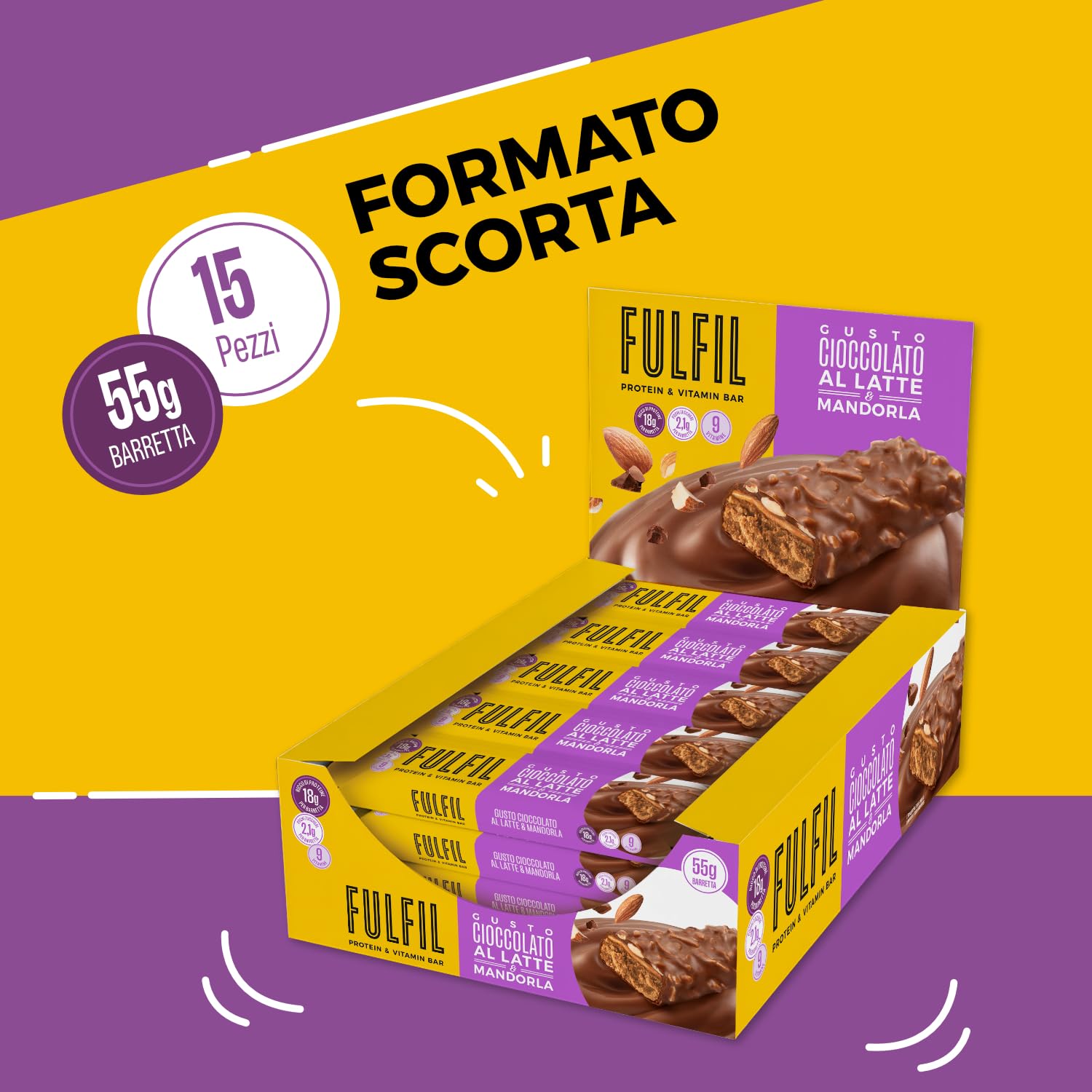 FULFIL - 15 Barrette Proteiche da 55 Grammi, Gusto Cioccolato al Latte e Mandorla con 9 Vitamine e Pochi Zuccheri, Confezione da 825 Grammi