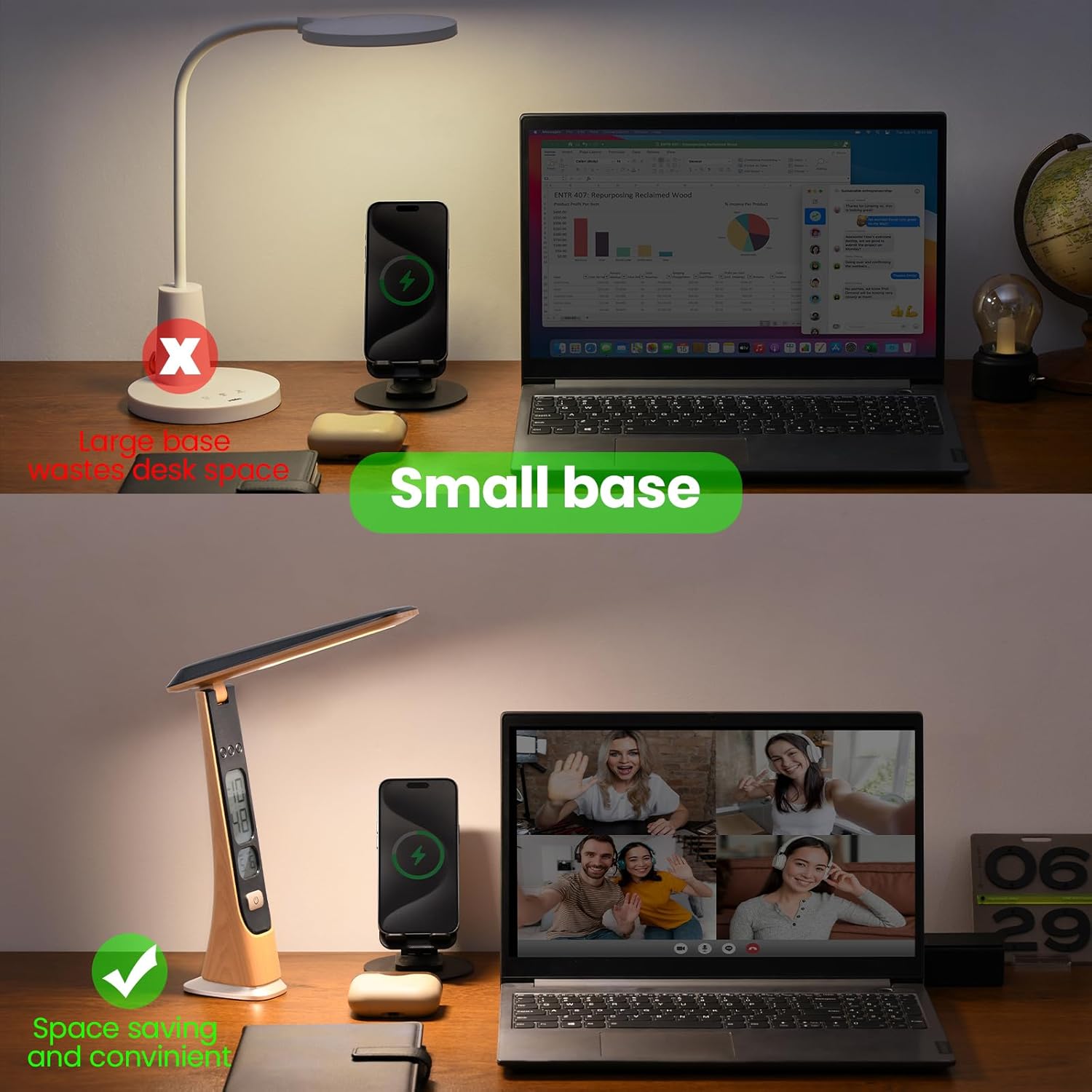 Rechargeable Cordless LED Desk lamp, dimmable Table lamp with Battery and Digital Clock Stepless Brightness Foldable Portable Lights for Home,Reading,Office