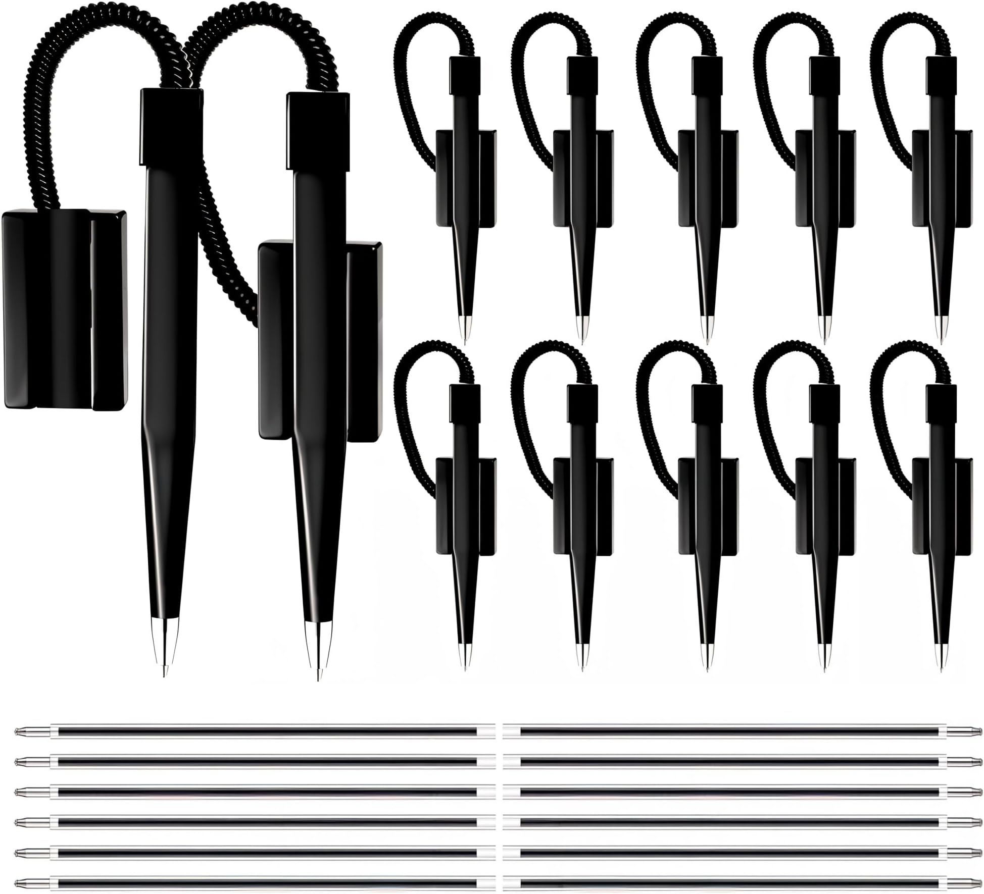 Performore 12 Pack of 5 inch Secure Counter Pens, Black with Plastic Secure Cord Attached To Adhesive Back Base Pen Holder, Reception Pen Includes 12 Refills for Home Workplace School Office