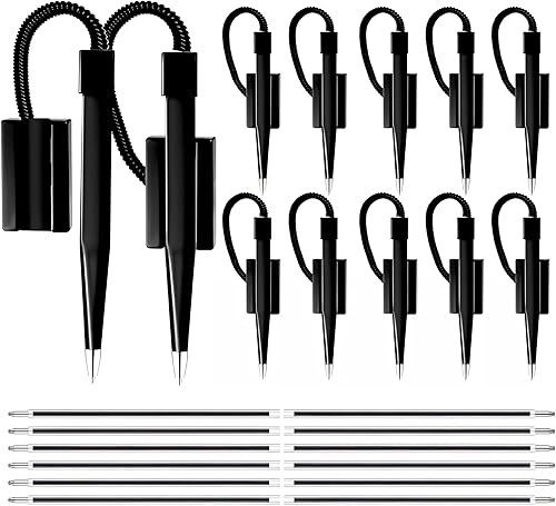 Performore Paquete de 12 bolígrafos seguros de 5 pulgadas, color negro con cable seguro de plástico unido a la base trasera adhesiva, bolígrafo de