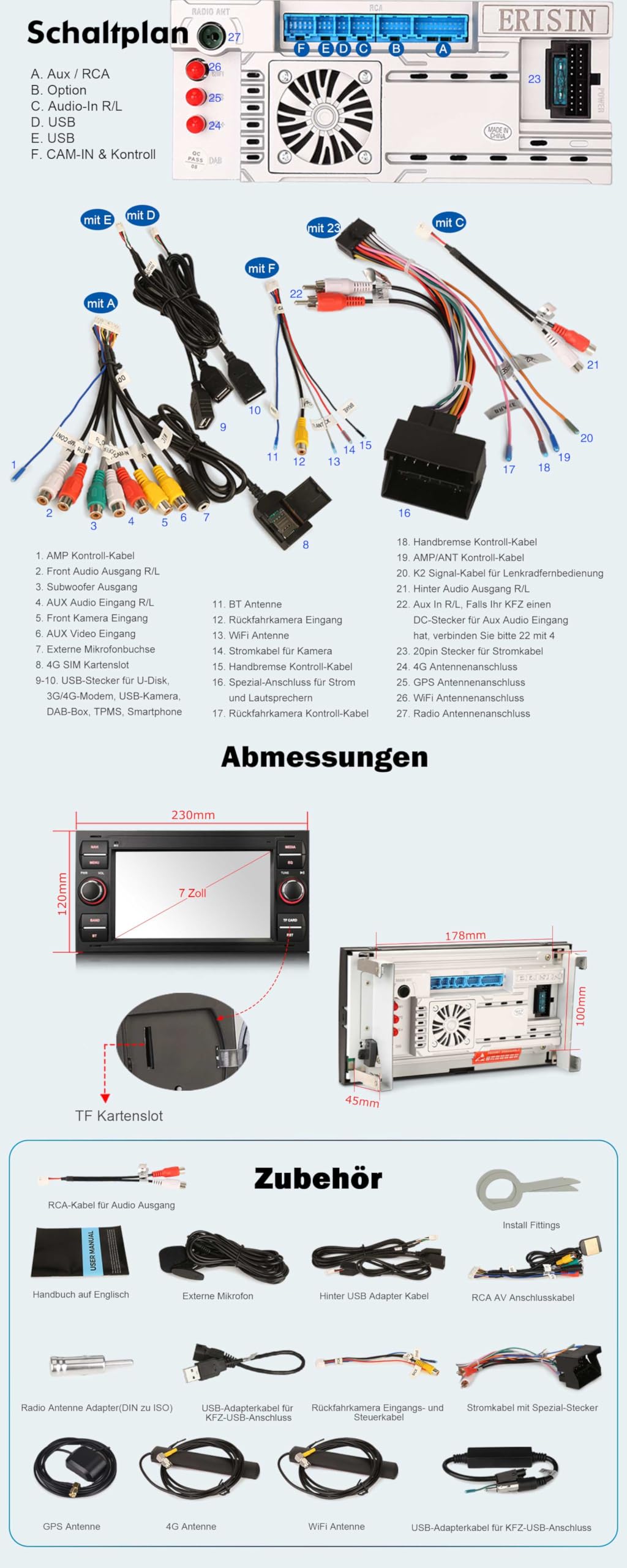 Erisin Android 16 Acht-Kern Autoradio 4GB+64GB Für Ford Focus C-Max S-Max Galaxy Kuga Fiesta Transit mit GPS Navigation CarPlay Android AUTO WiFi 4G Bluetooth AM/FM RDS Radio Touchscreen DAB+ DVR OBD2