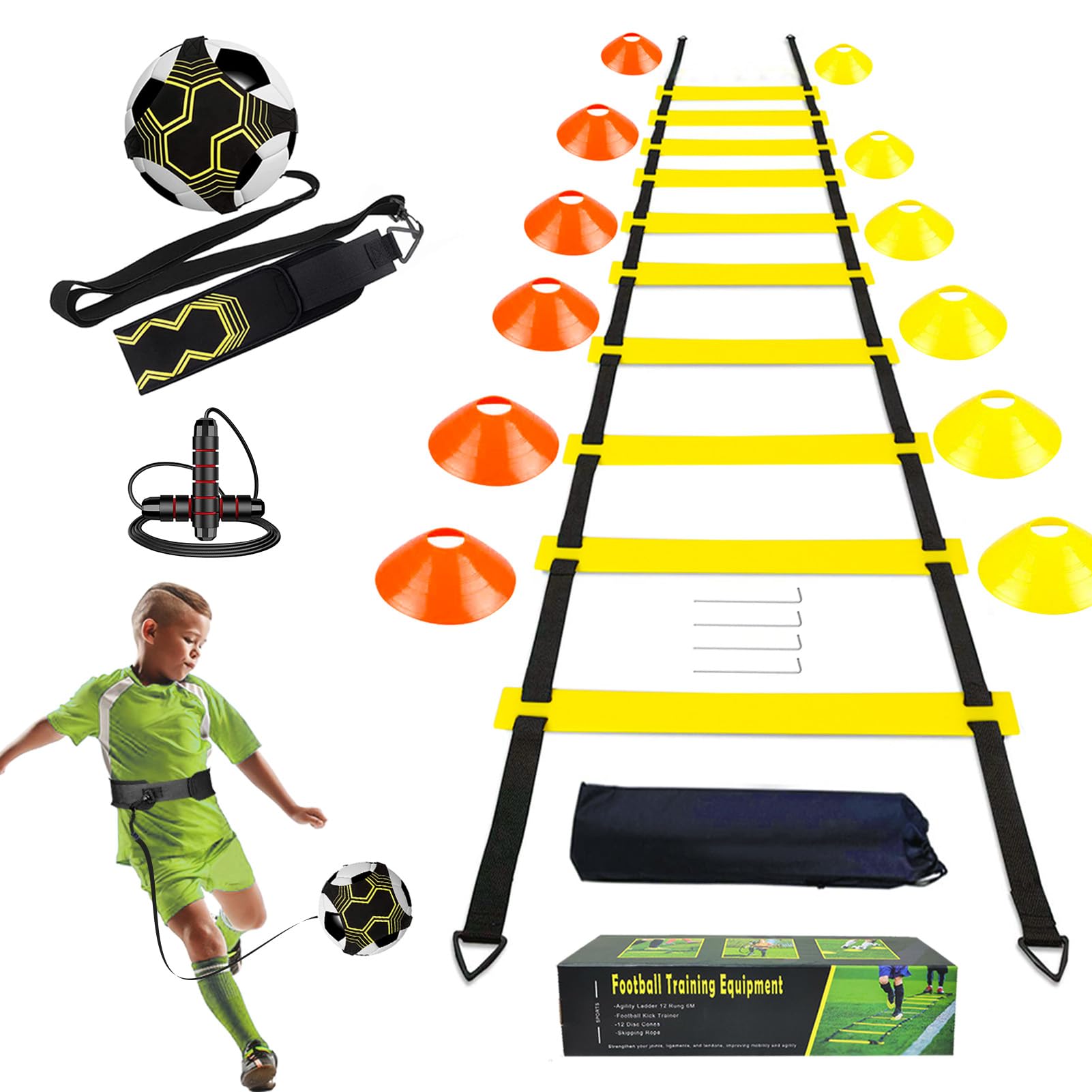 Fussball Trainingszubehör, 6m Koordinationsleiter, 12 Hütchen, Fußballtrainer und Springseil, Fußball Trainingsset Sachen, Fußball Geschenke für Jungs Kinder
