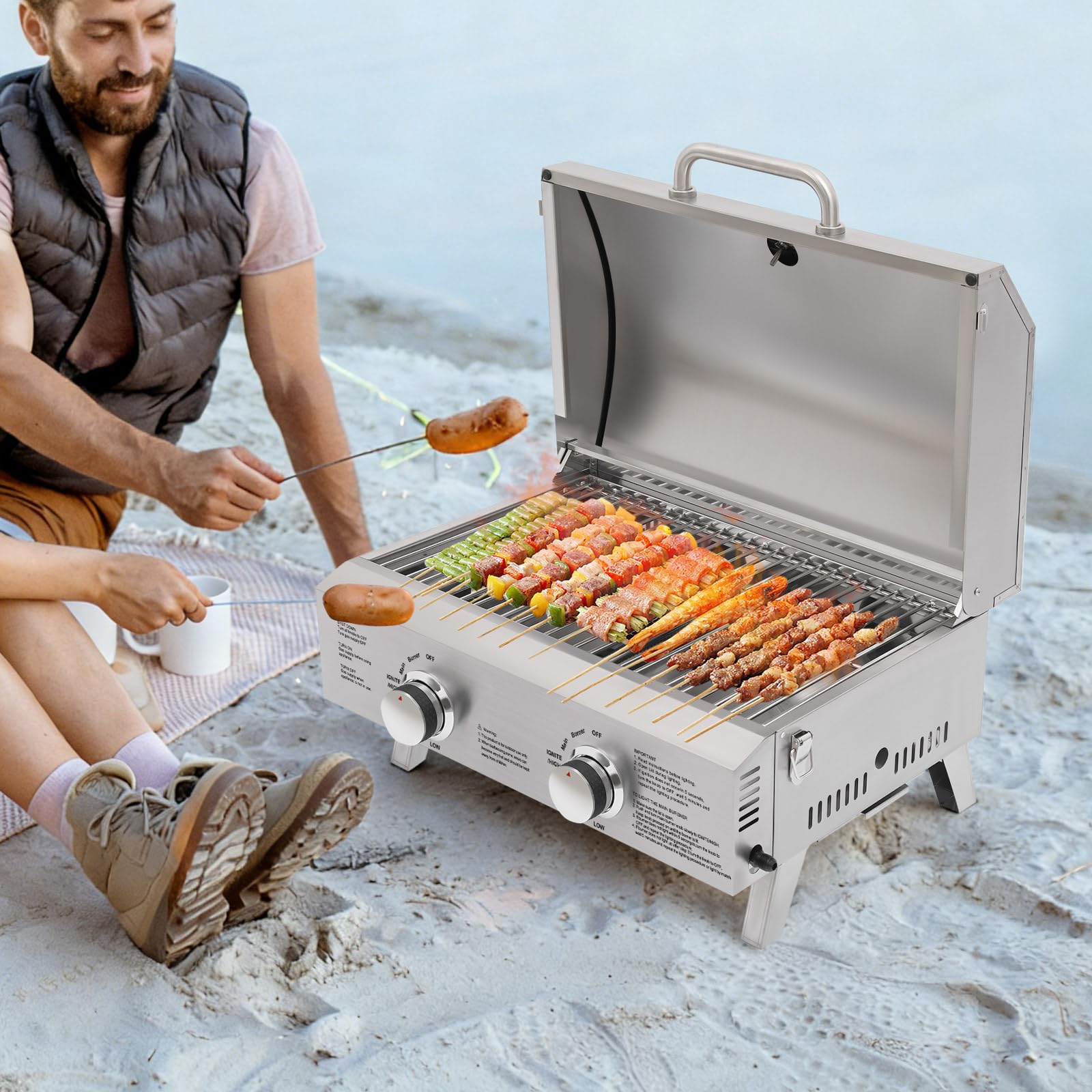 Barbecue a gas in acciaio inox, 2 fuochi, pieghevole, per esterni, portatile, con raccordo e pietra per pizza, metodo di accensione piezoelettrica, per tutti gli esterni, 55,8 x 45 x 38 cm