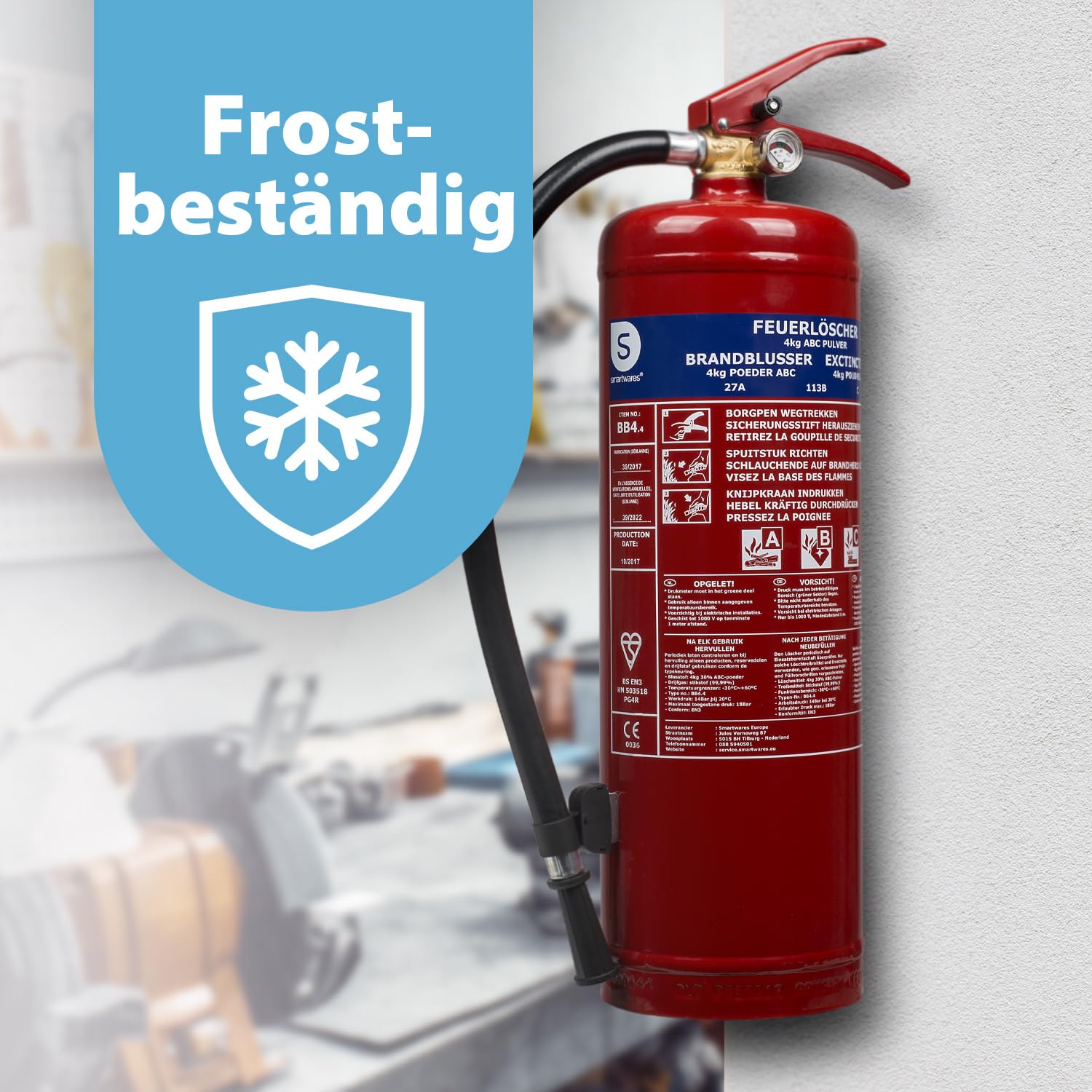 Smartwares Pulver-Feuerlöscher, 4 kg, für ABC-Feuer, geeignet für Fahrzeuge & Haushalte, inkl. Halterung, FEX-15140