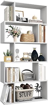Yusong Bookshelf 5-Tier, Geometric Bookcase S Shaped Book Shelves for Bedroom, Modern Wood Decorative Display Shelf Book Case for Home Office, White