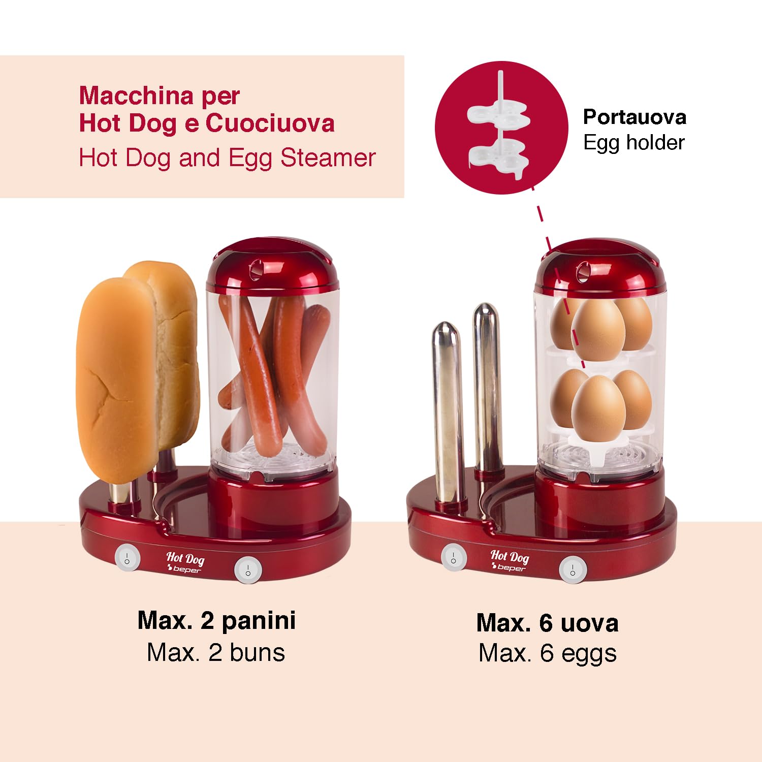 BEPER P101CUD502 Appareil à hot-dogs et cuiseur à œufs 3 en 1, cuiseur vapeur pour saucisses et œufs, chauffe-pains avec 2 résistances en acier inoxydable, 440 W, double interrupteur
