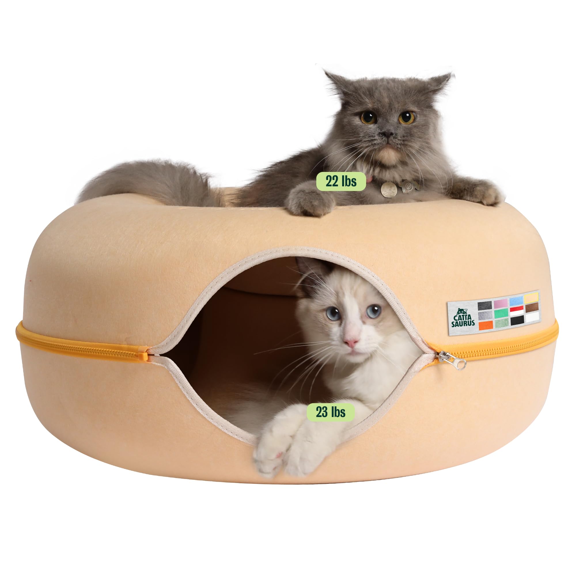 Cattasaurus Peekaboo Cat Cave for Multiple & Large Cats Up to 30-45 Lbs, Scratch Detachable & Washable Tunnel Bed, Comfy Donut Cat Cave (Pastel Macaron, Large)