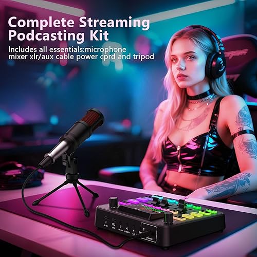 Miniatura 5 de Paquete de equipo de podcast, mezclador de audio con micrófono dinámico, cambiador de vozdenoisereverbBluetooth, juego de equipos de juego para