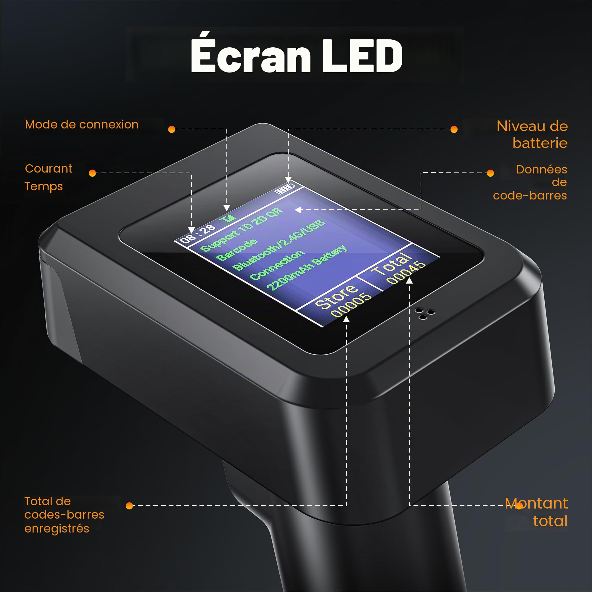 Tera Scanner de Codes-Barres 2D sans Fil Bluetooth avec écran d'affichage et Base de Charge