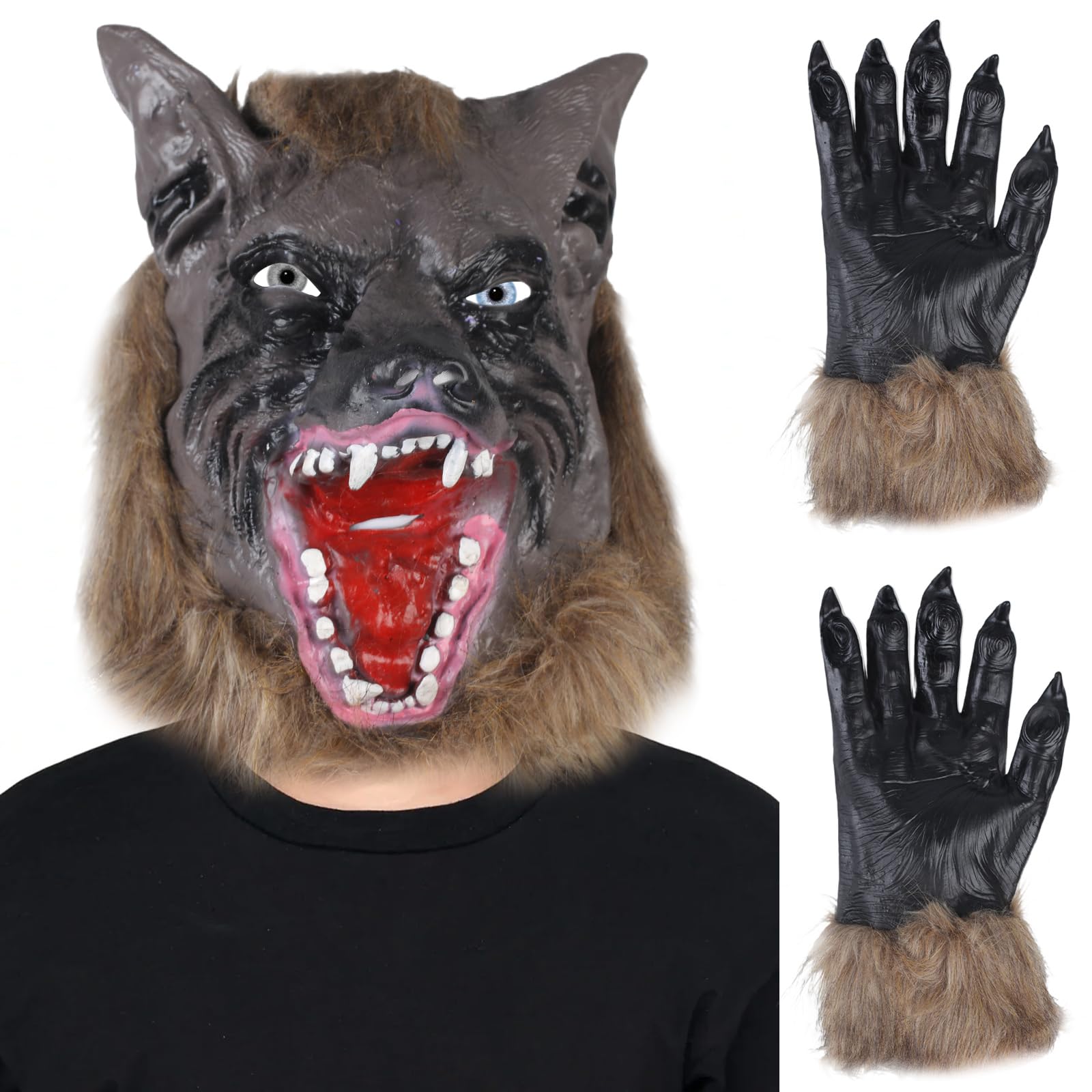 Halloween Horror Mask Latex Wolf Head Mask and Claws Gloves Werewolf Dress Up Mask or Halloween Carnival Cosplay Costume Party