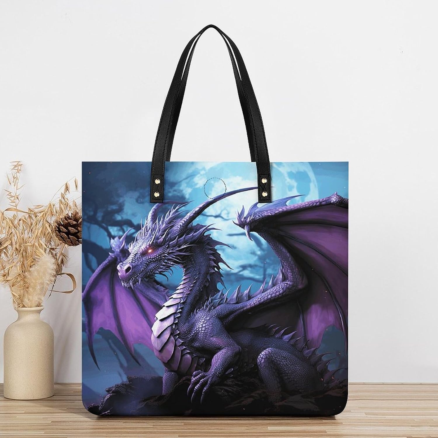 Purple Dragon Purple Moon Tote Bag with Magnetic Buckle Reusable Grocery Bags Lightweight Cross Body Handbag for Daily Essentials