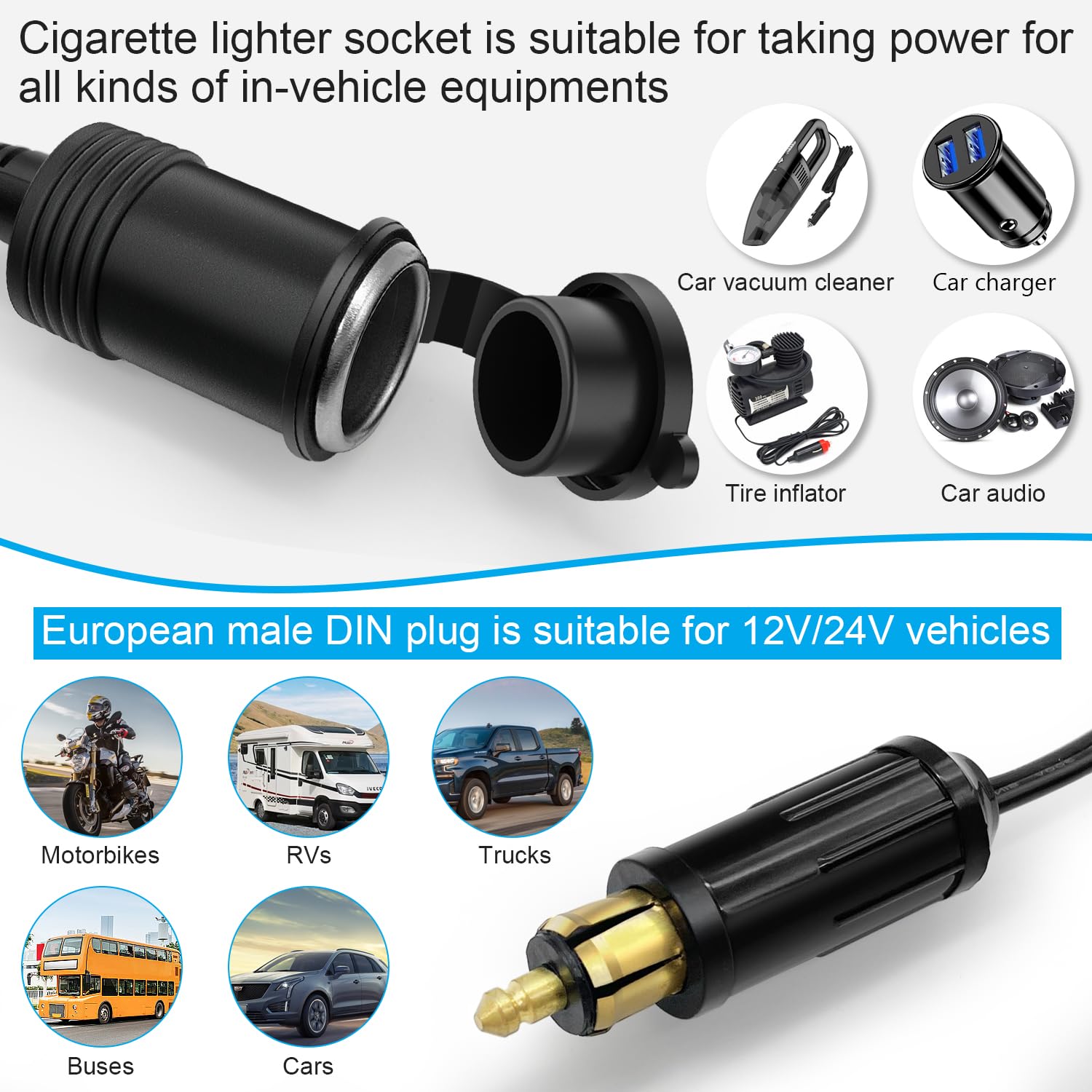 Rallonge Allume-cigare Hoembpn 2m - Voltmètre LED étanche Pour Voiture, Bateau, Camping-car