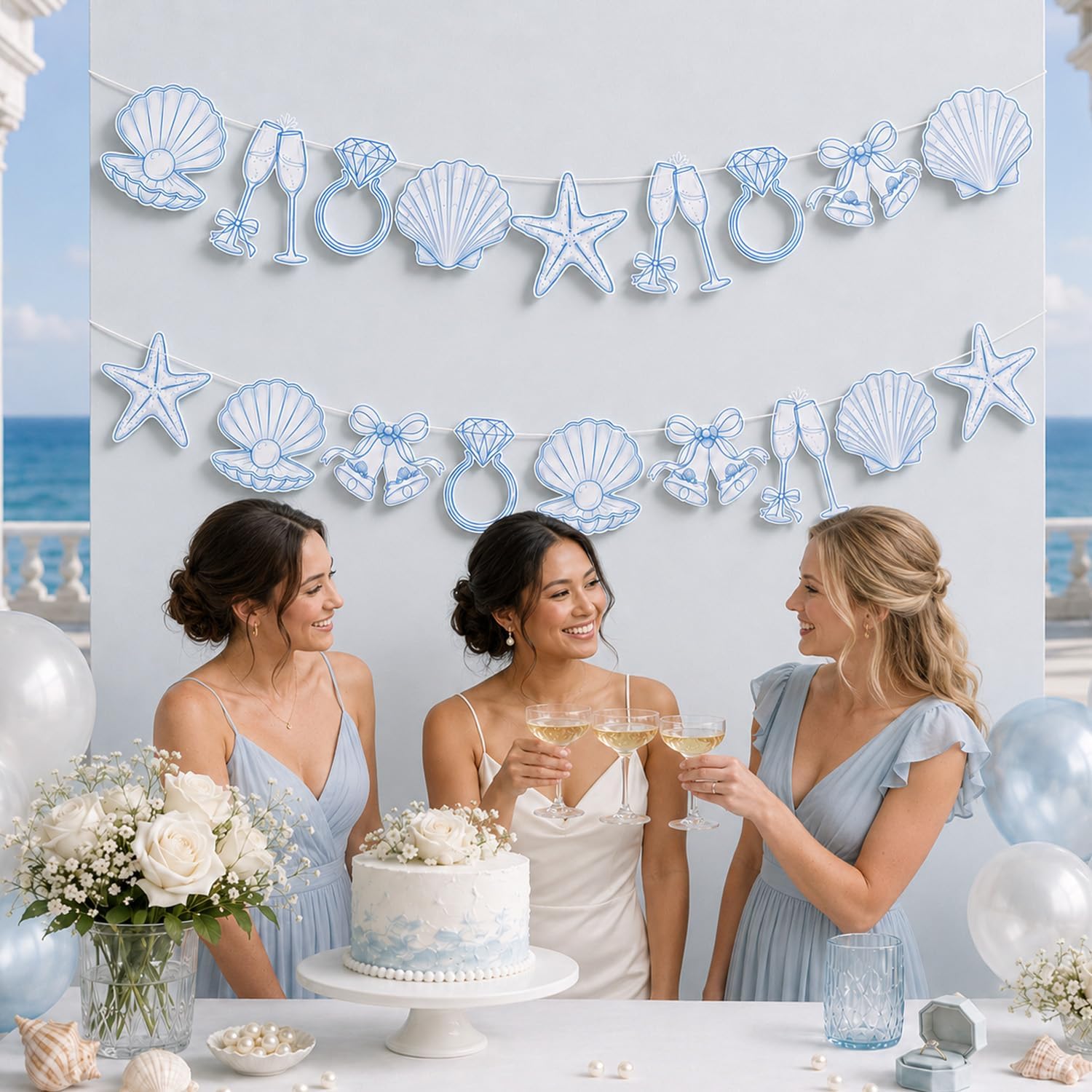 Beach Bachelorette Party Decorations, Seashells and Wedding Bells Banner, Coastal Bridal Shower Garland with Starfish, Shell, Ring, Last Toast on the Coast Decor for Beach Wedding, Girls Trip Party