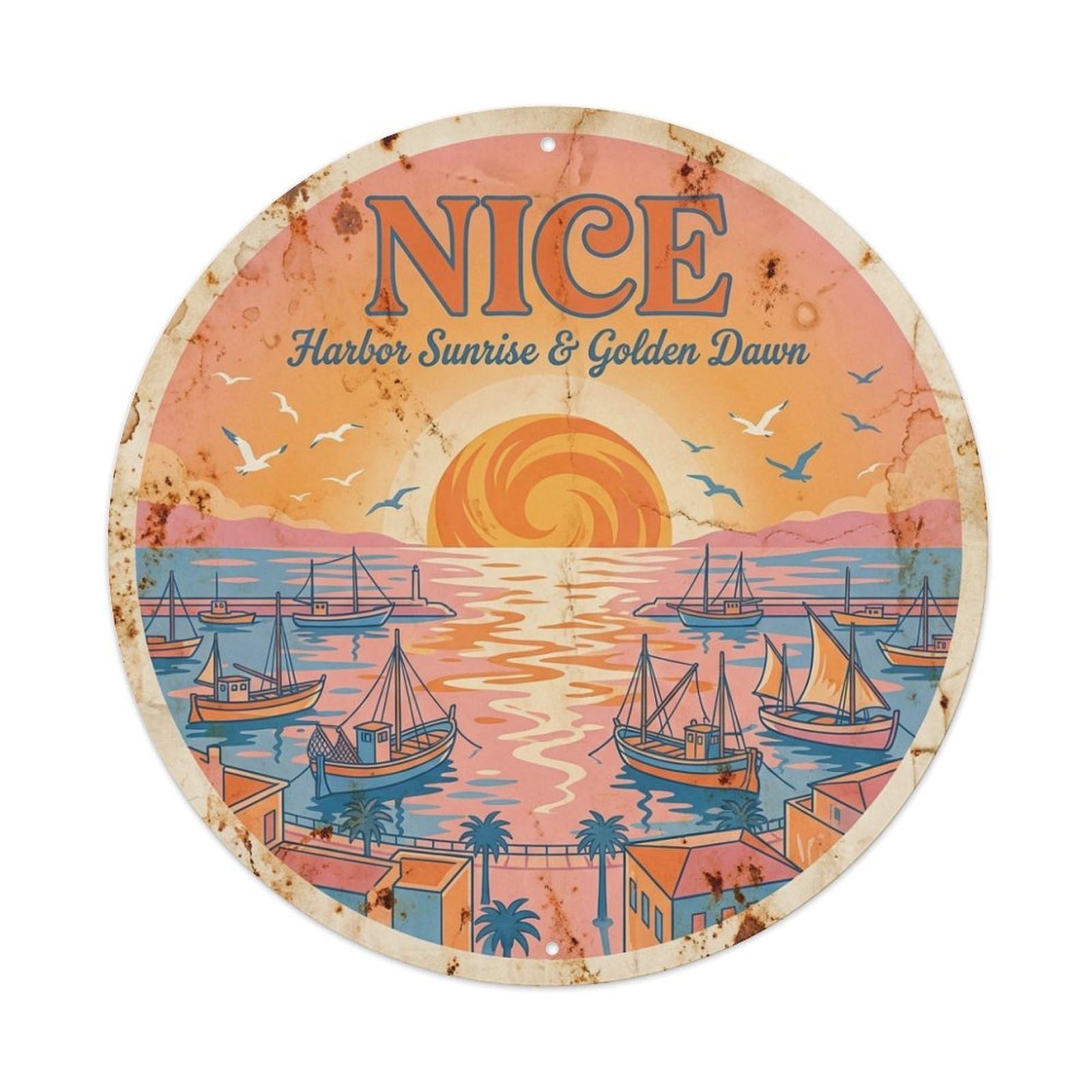 Nice Harbor Sunset Golden Dawn Coastal Route Travel Metal Tin Sign
